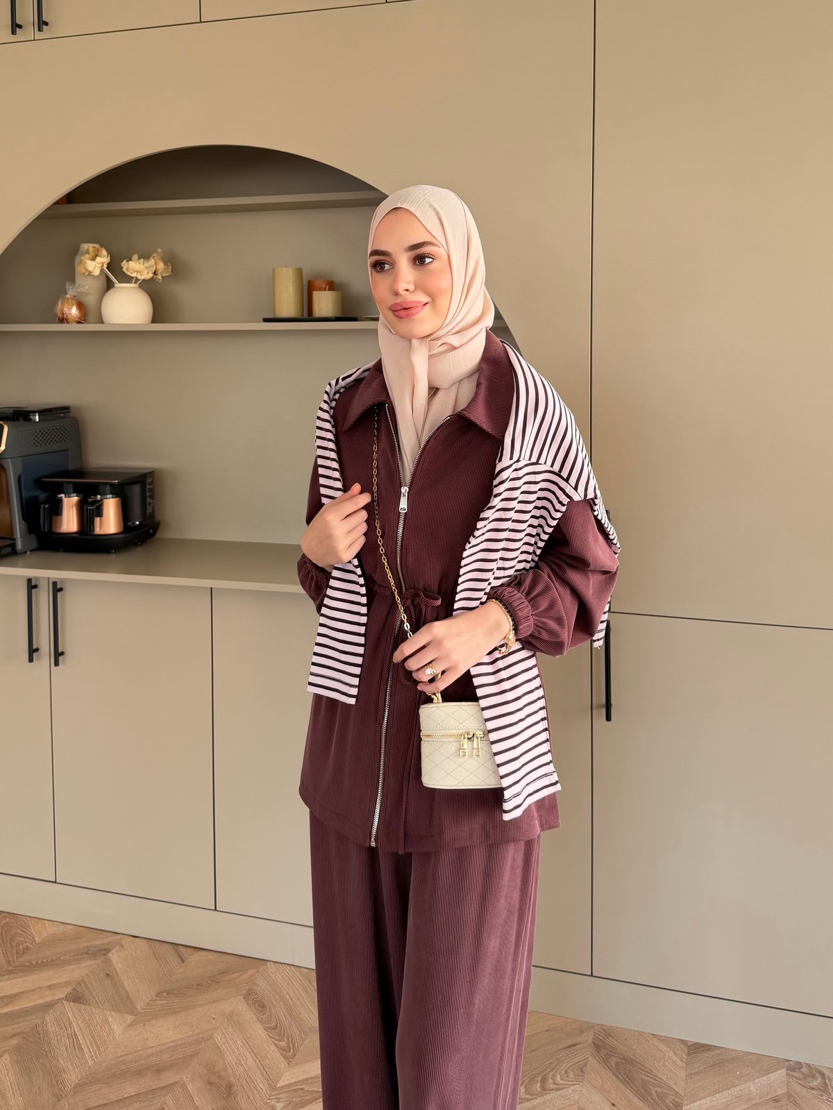 Athena Beli Büzgülü Pantolonlu Takım Mürdüm (4592)
