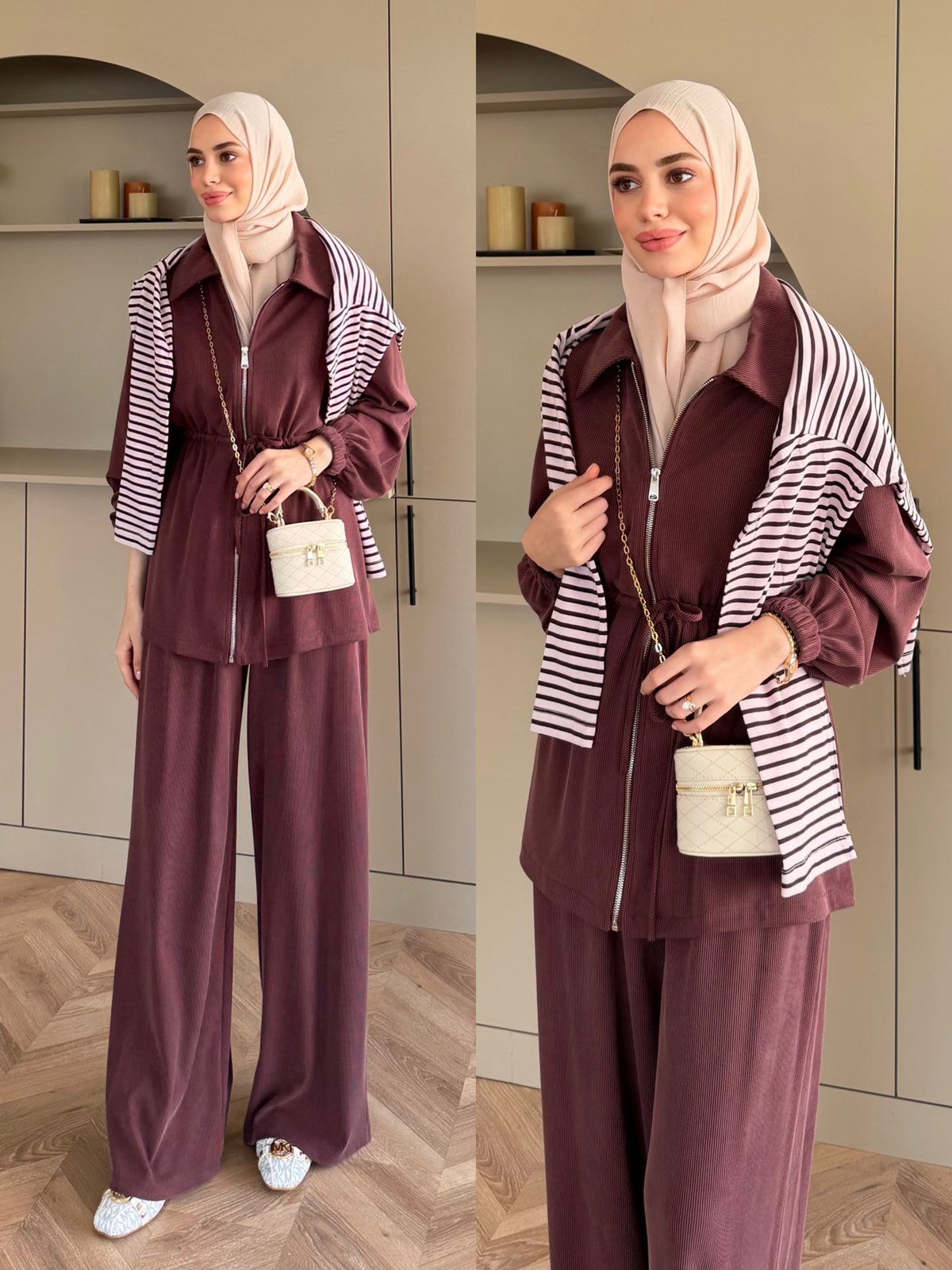 Athena Beli Büzgülü Pantolonlu Takım Mürdüm (4592)