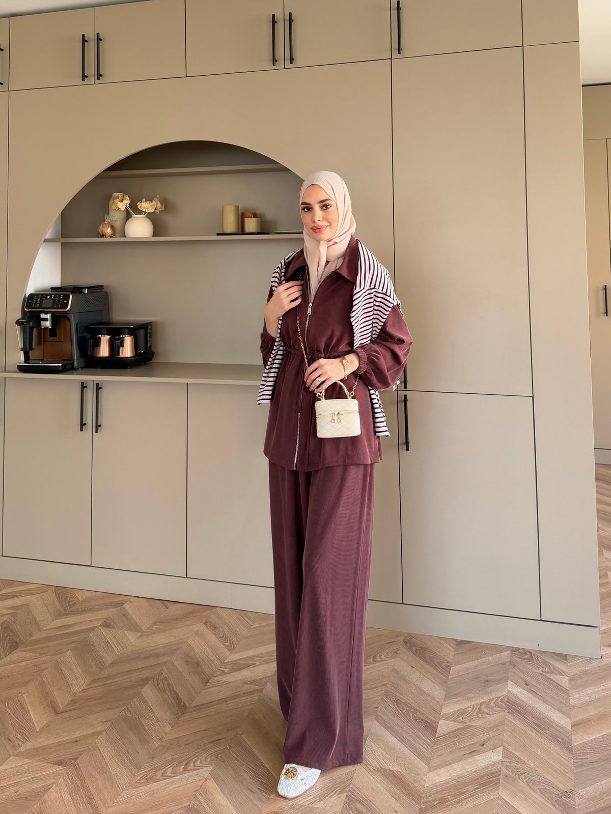 Athena Beli Büzgülü Pantolonlu Takım Mürdüm (4592)