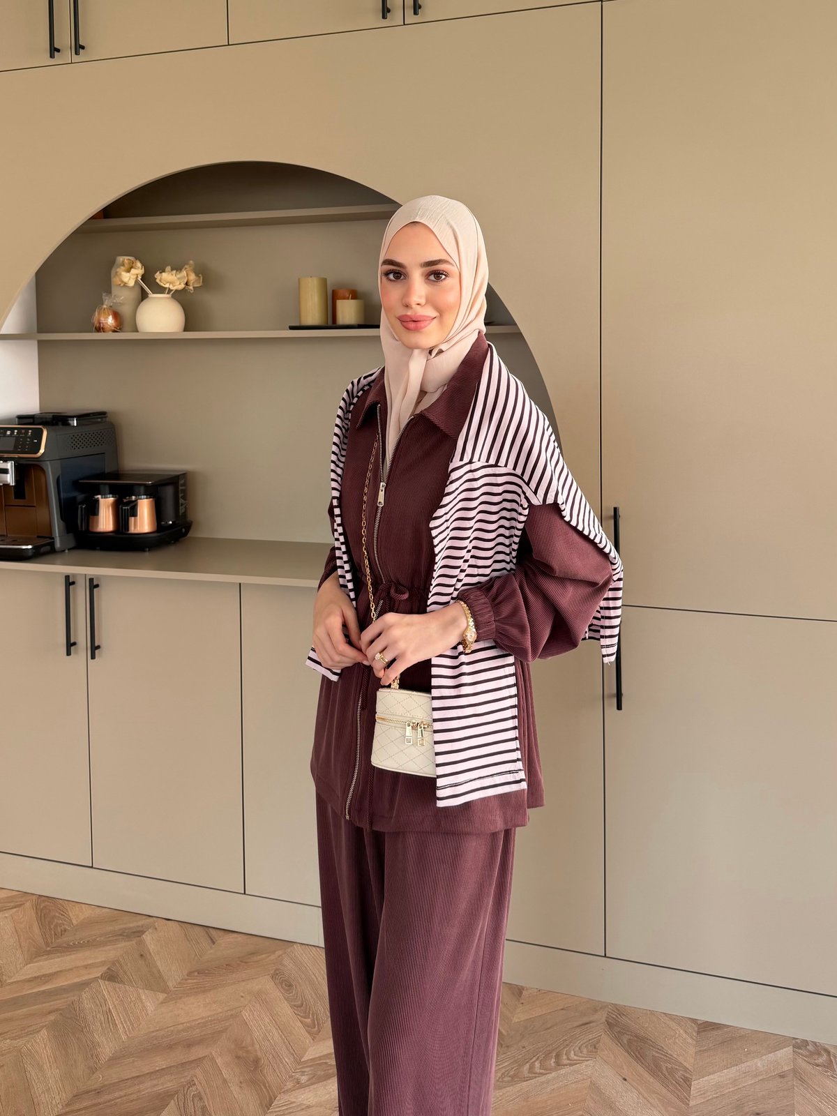Athena Beli Büzgülü Pantolonlu Takım Mürdüm (4592)
