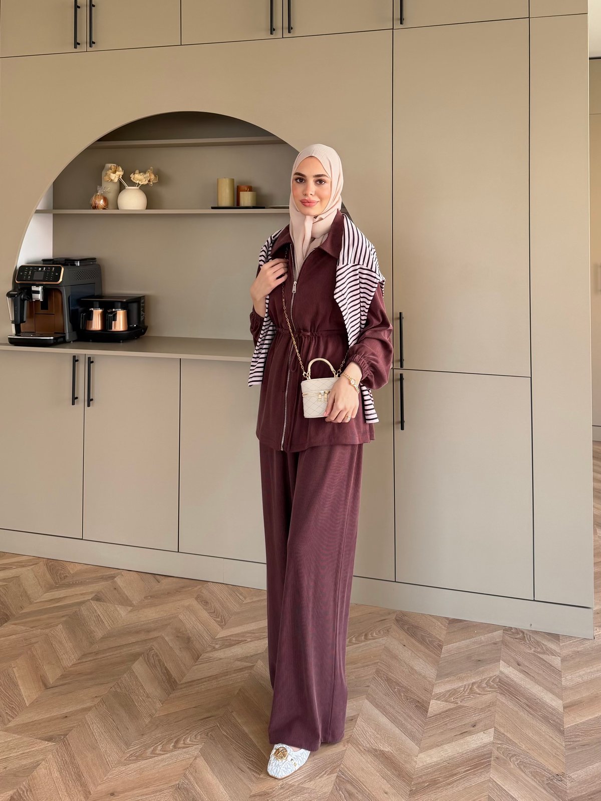 Athena Beli Büzgülü Pantolonlu Takım Mürdüm (4592)