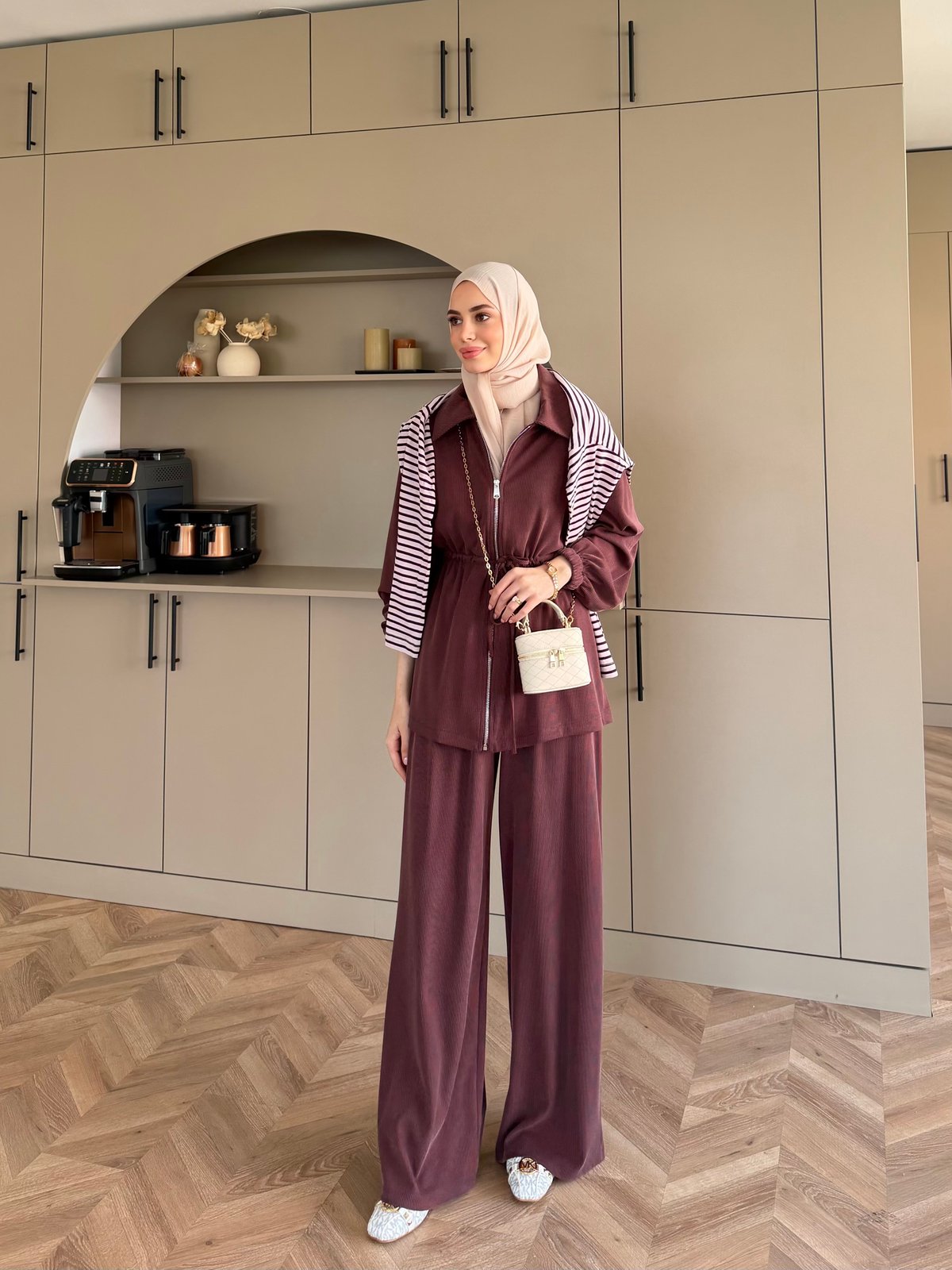 Athena Beli Büzgülü Pantolonlu Takım Mürdüm (4592)