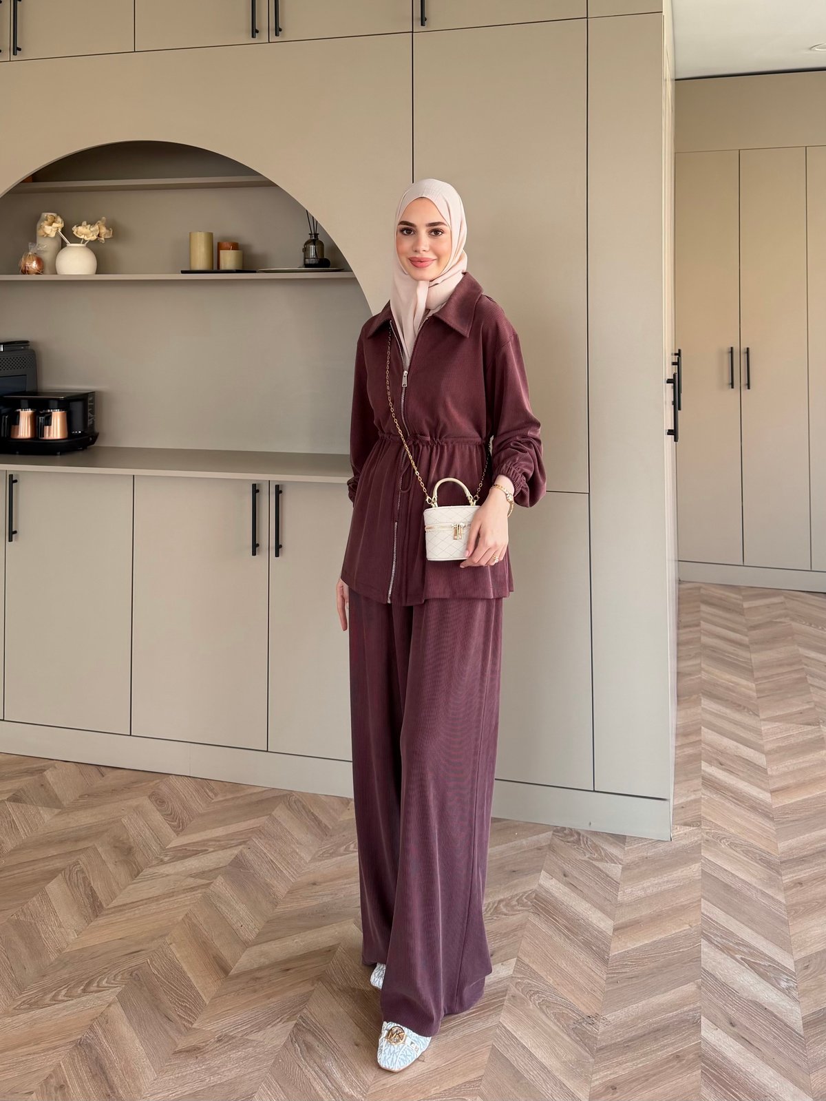 Athena Beli Büzgülü Pantolonlu Takım Mürdüm (4592)