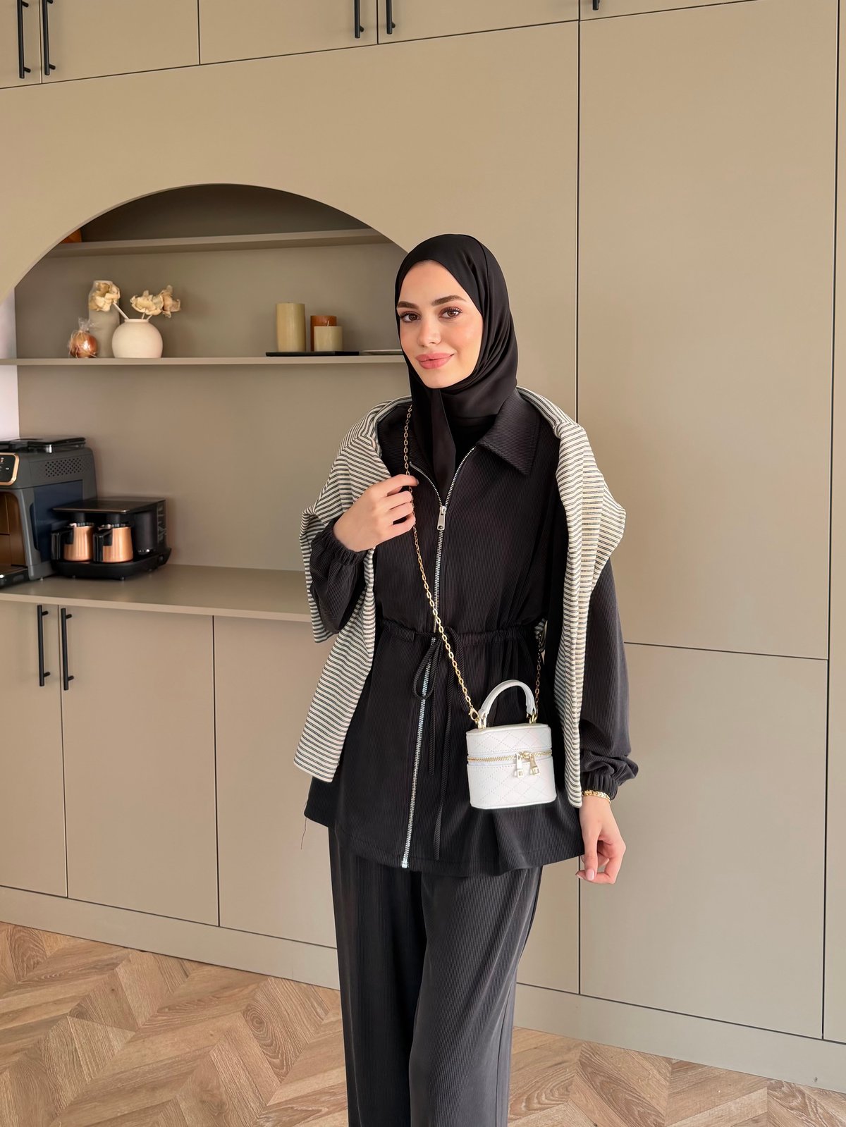 Athena Beli Büzgülü Pantolonlu Takım Siyah (4592)