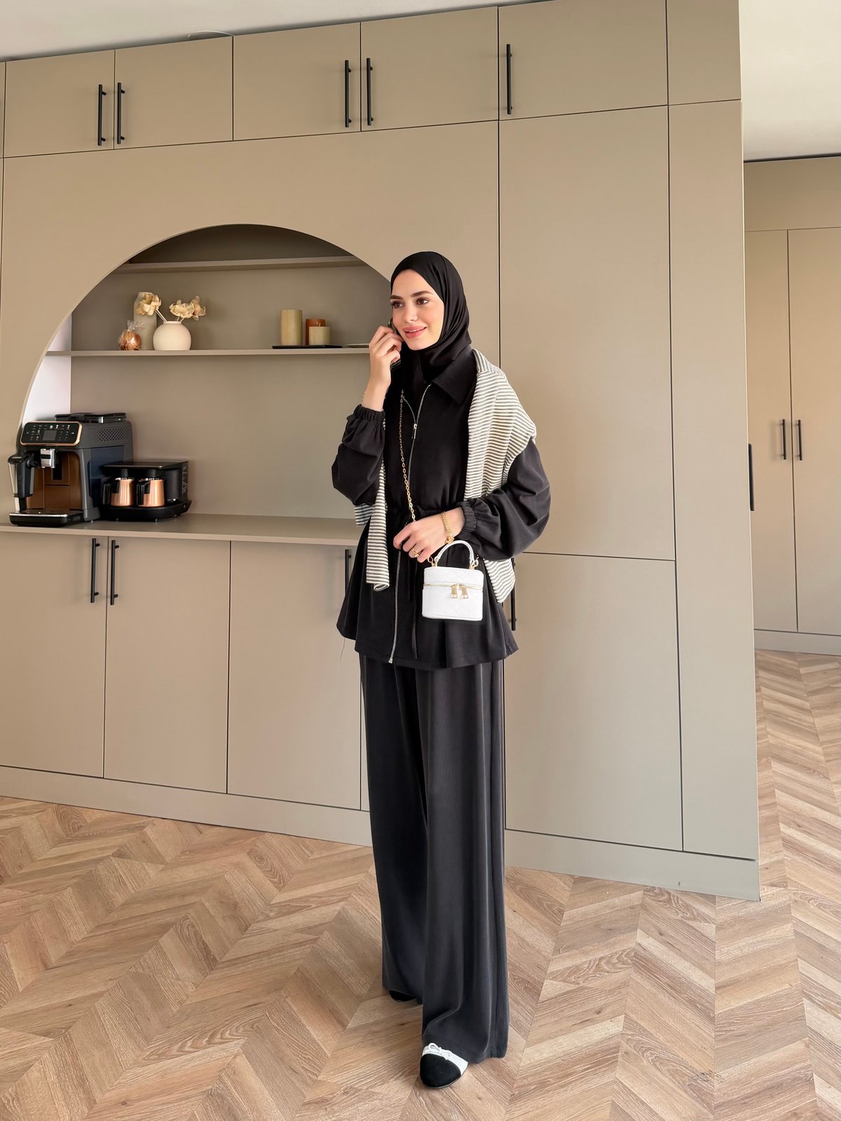 Athena Beli Büzgülü Pantolonlu Takım Siyah (4592)