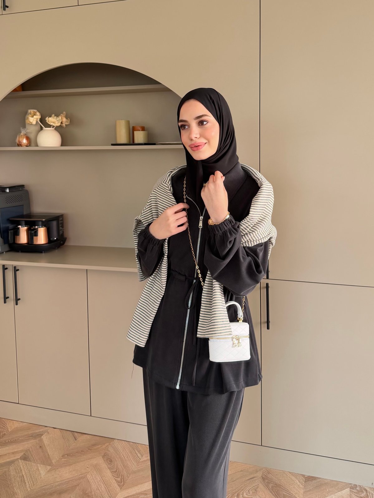 Athena Beli Büzgülü Pantolonlu Takım Siyah (4592)