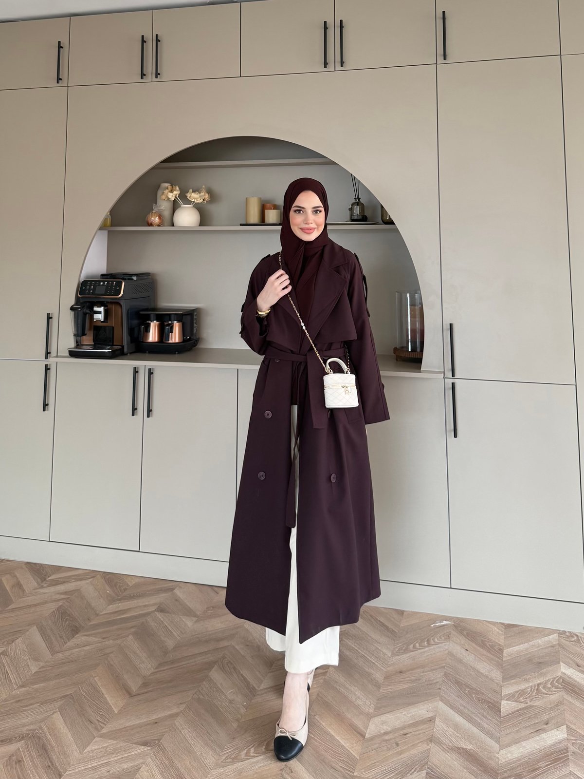 Aymira Düğmeli Uzun Trenç Mürdüm (7589)