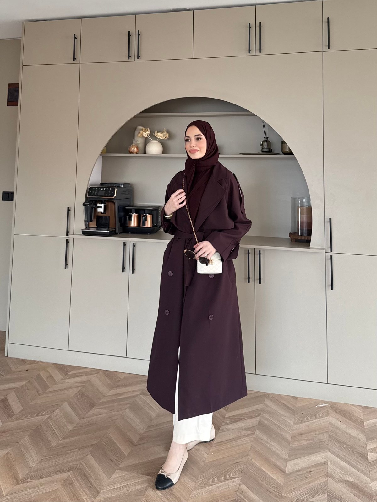 Aymira Düğmeli Uzun Trenç Mürdüm (7589)