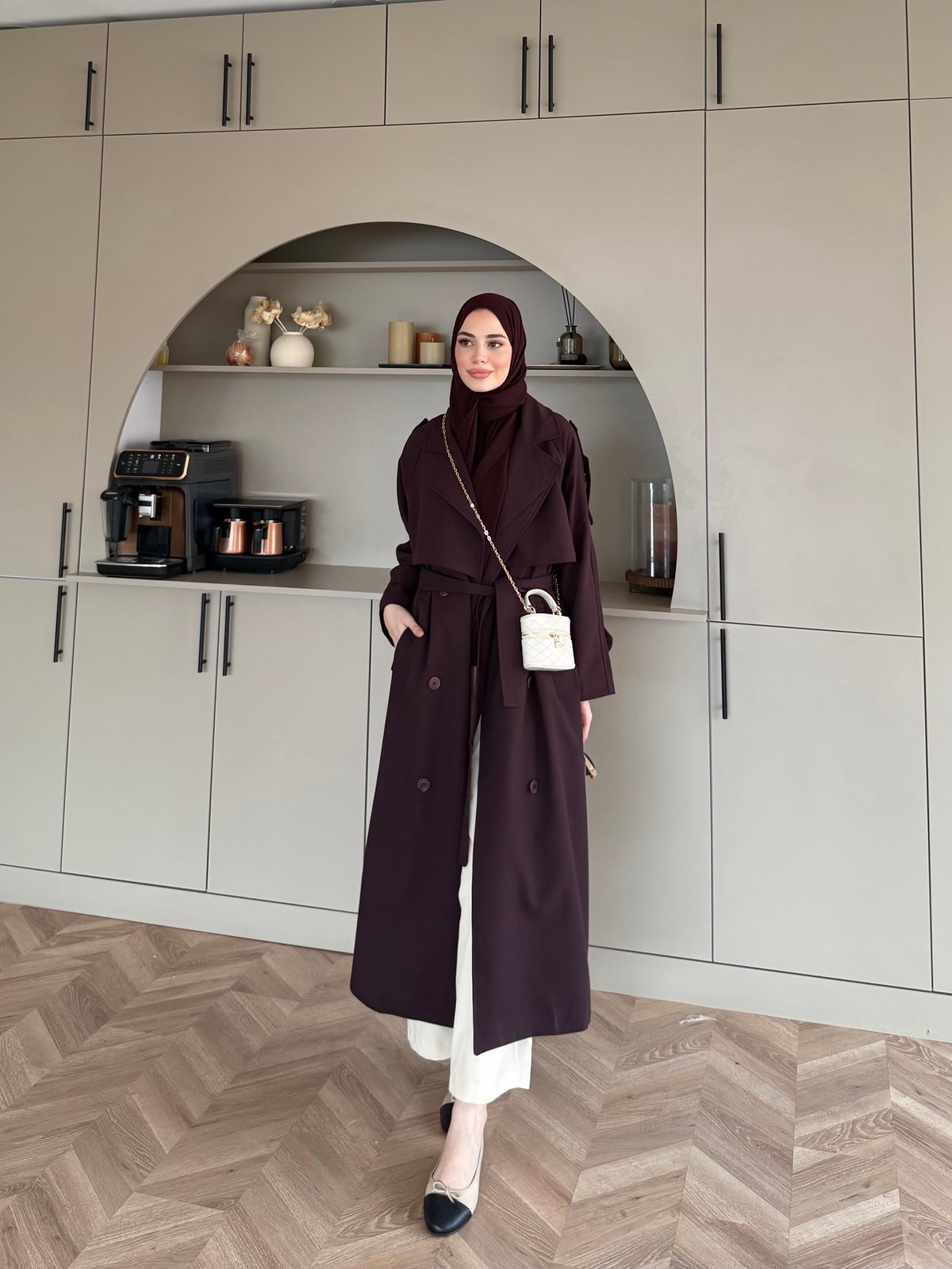 Aymira Düğmeli Uzun Trenç Mürdüm (7589)