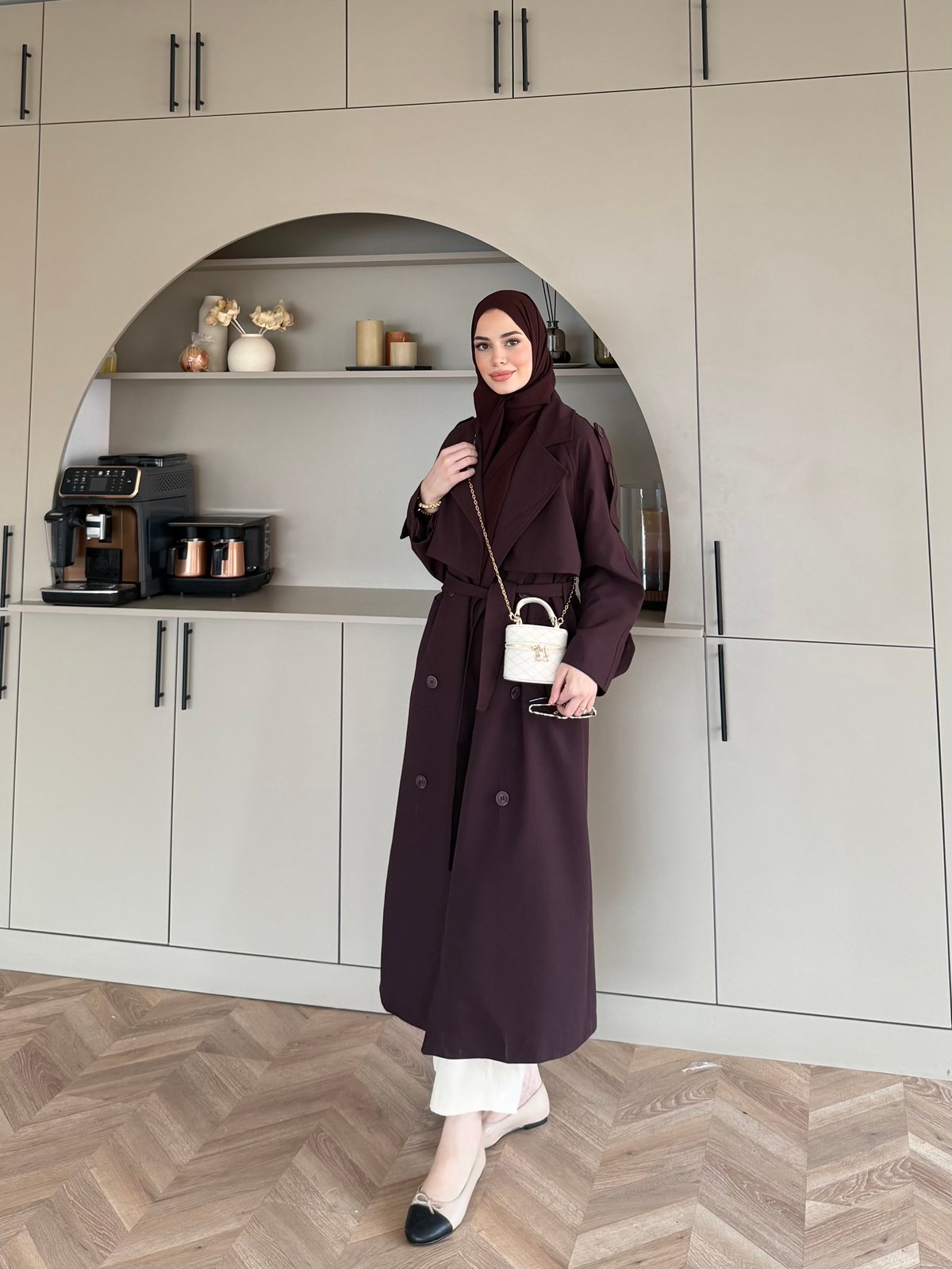 Aymira Düğmeli Uzun Trenç Mürdüm (7589)