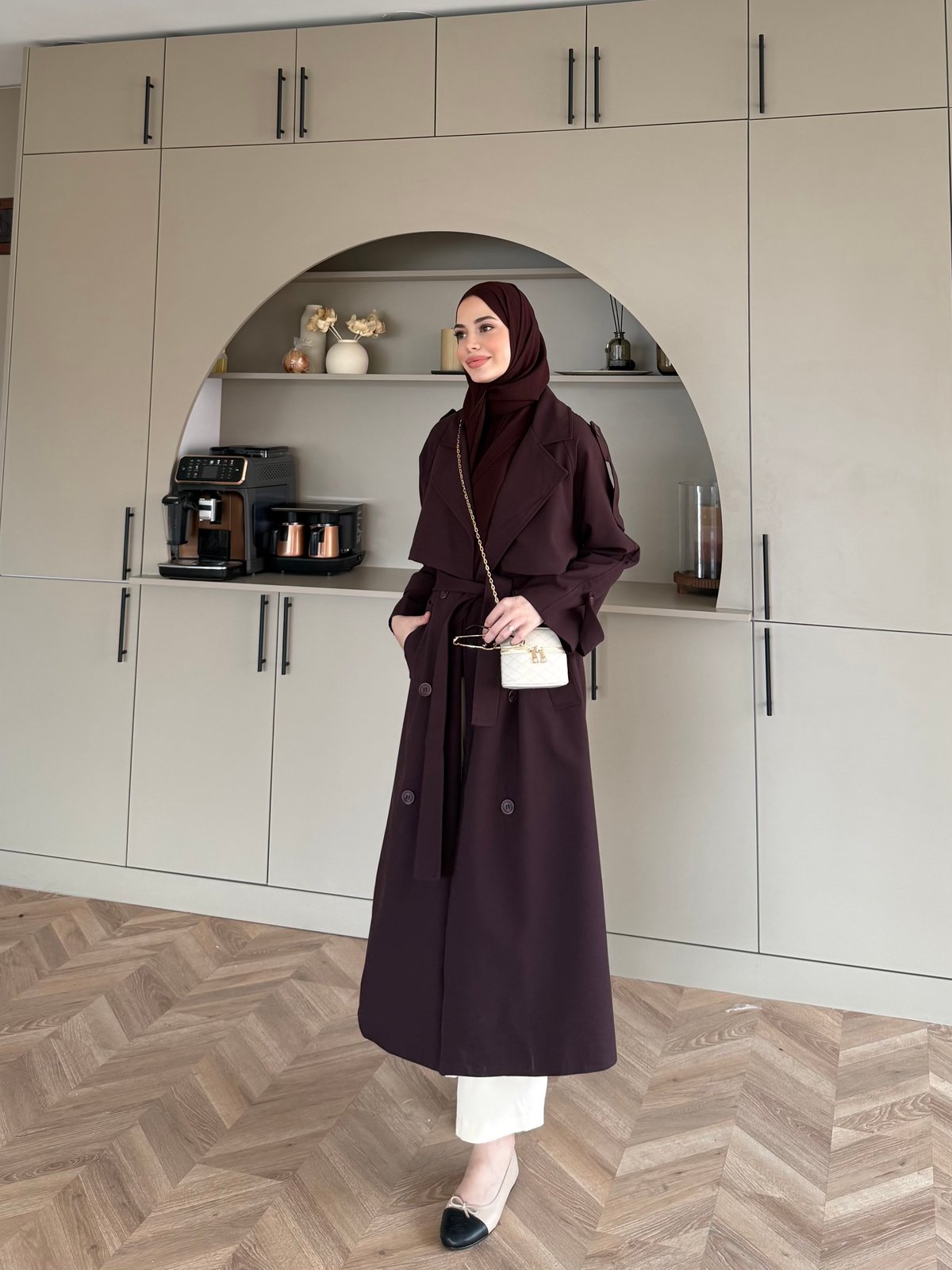 Aymira Düğmeli Uzun Trenç Mürdüm (7589)