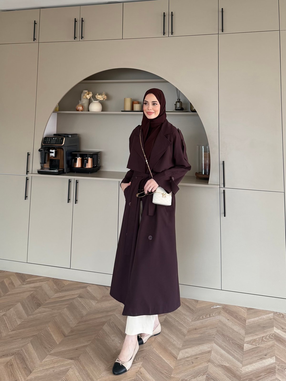Aymira Düğmeli Uzun Trenç Mürdüm (7589)