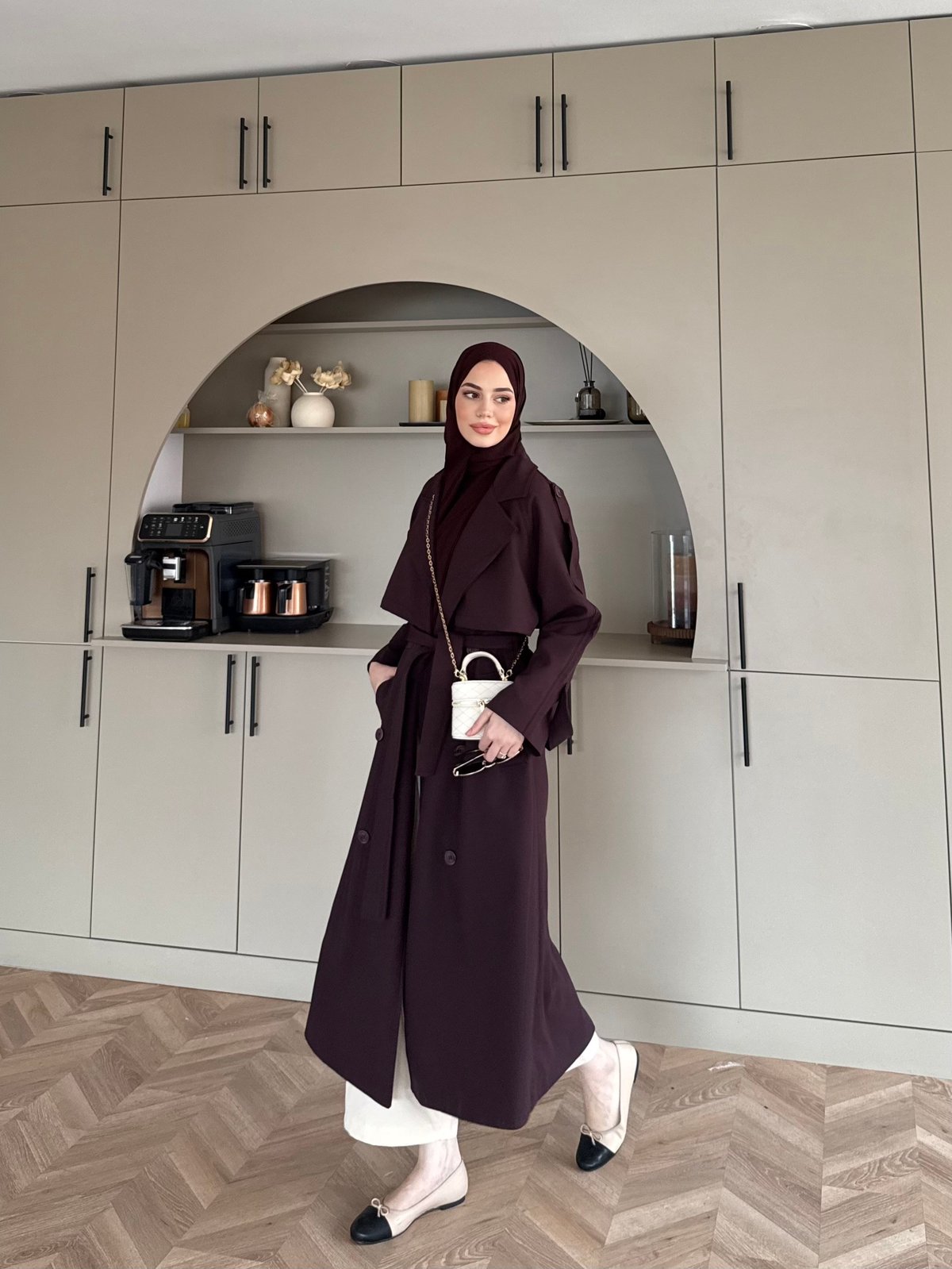 Aymira Düğmeli Uzun Trenç Mürdüm (7589)