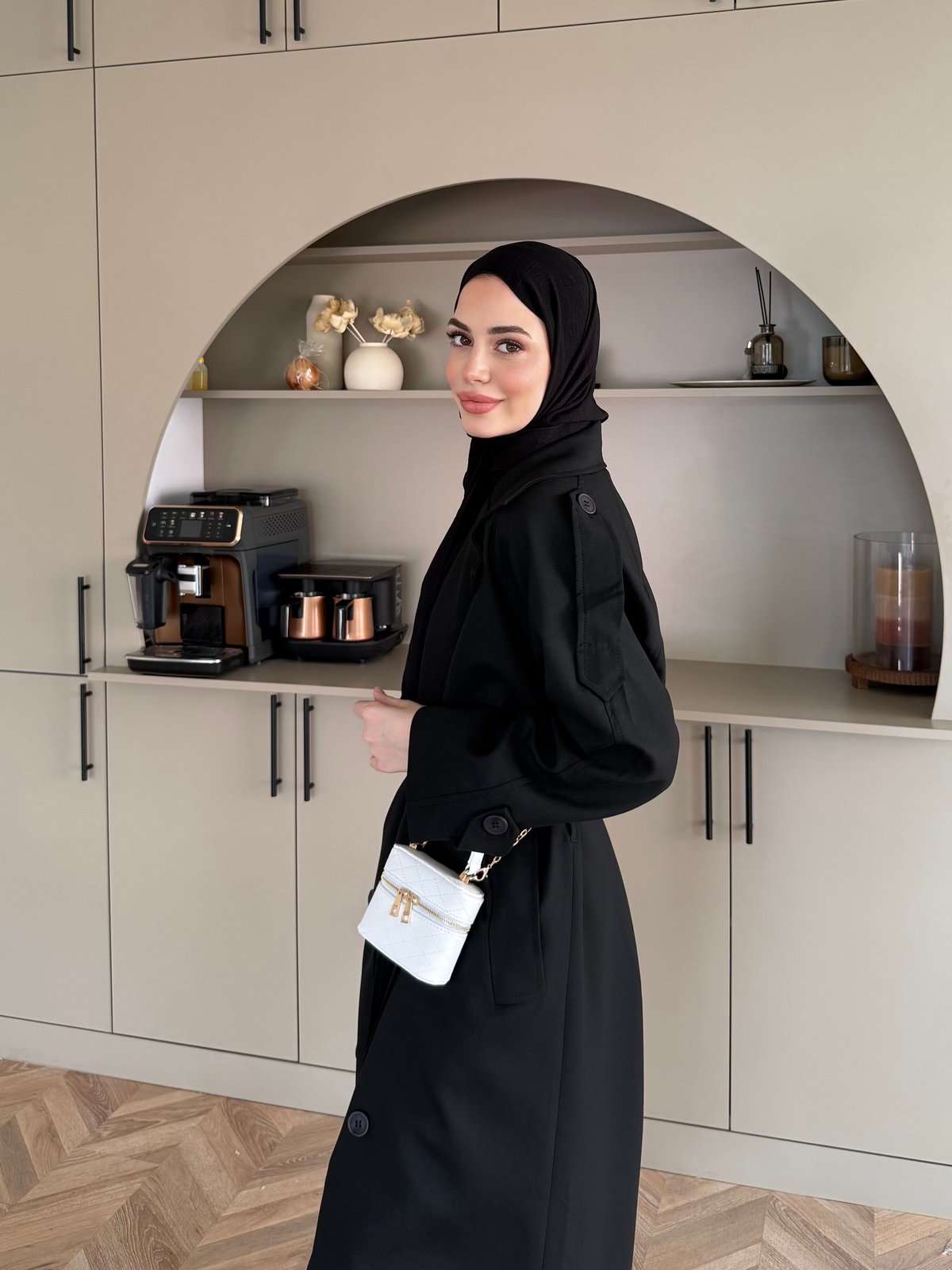 Aymira Düğmeli Uzun Trenç Siyah (7589)
