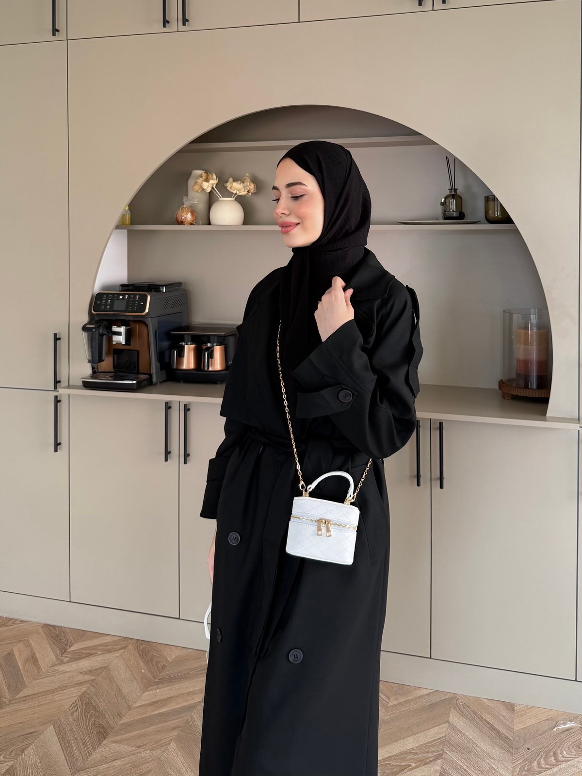 Aymira Düğmeli Uzun Trenç Siyah (7589)