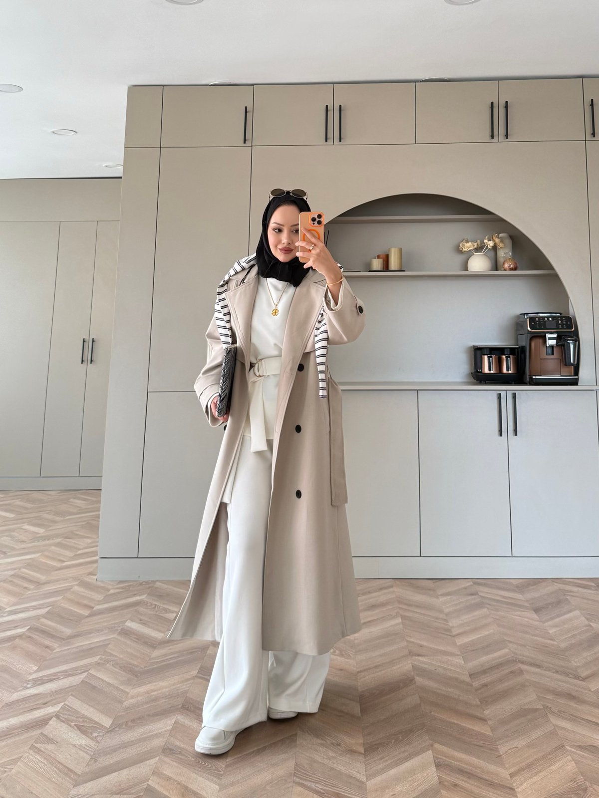 Aymira Düğmeli Uzun Trenç Taş (7589)