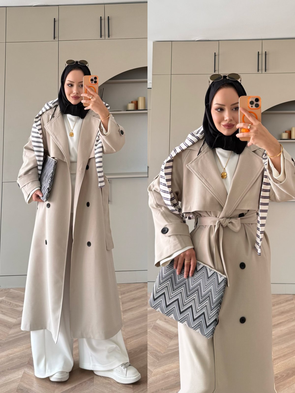 Aymira Düğmeli Uzun Trenç Taş (7589)