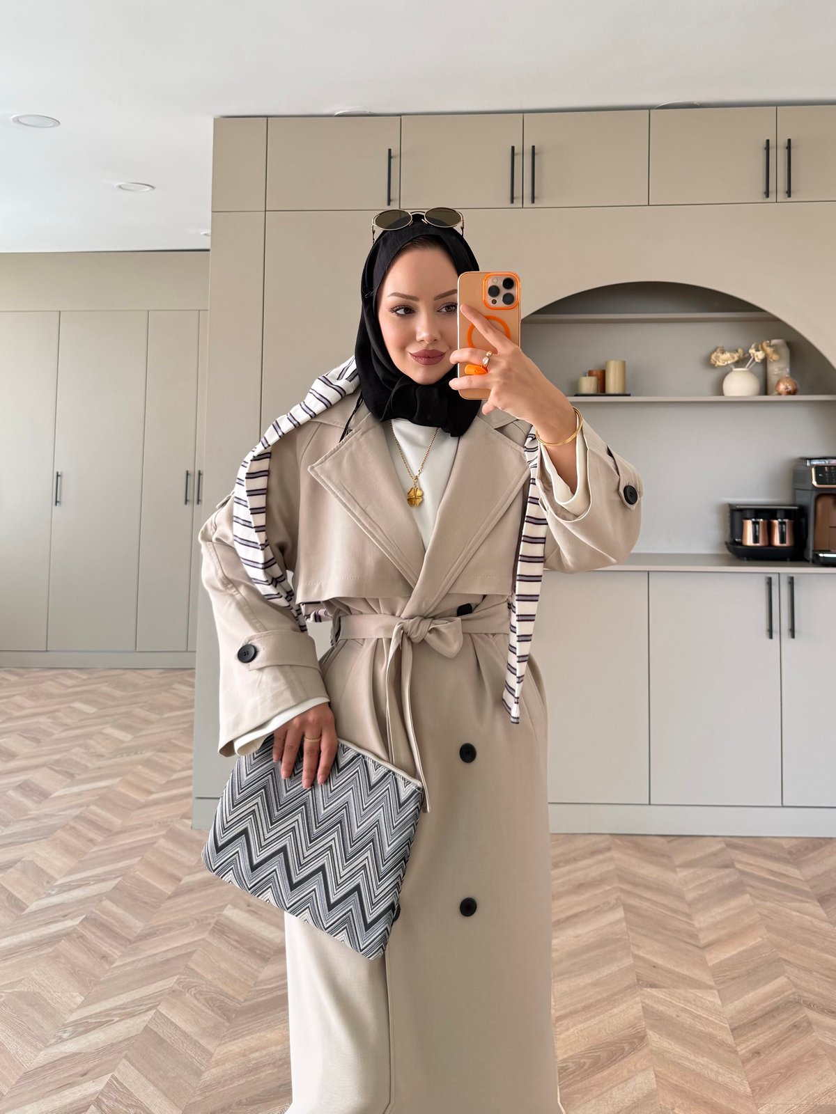 Aymira Düğmeli Uzun Trenç Taş (7589)