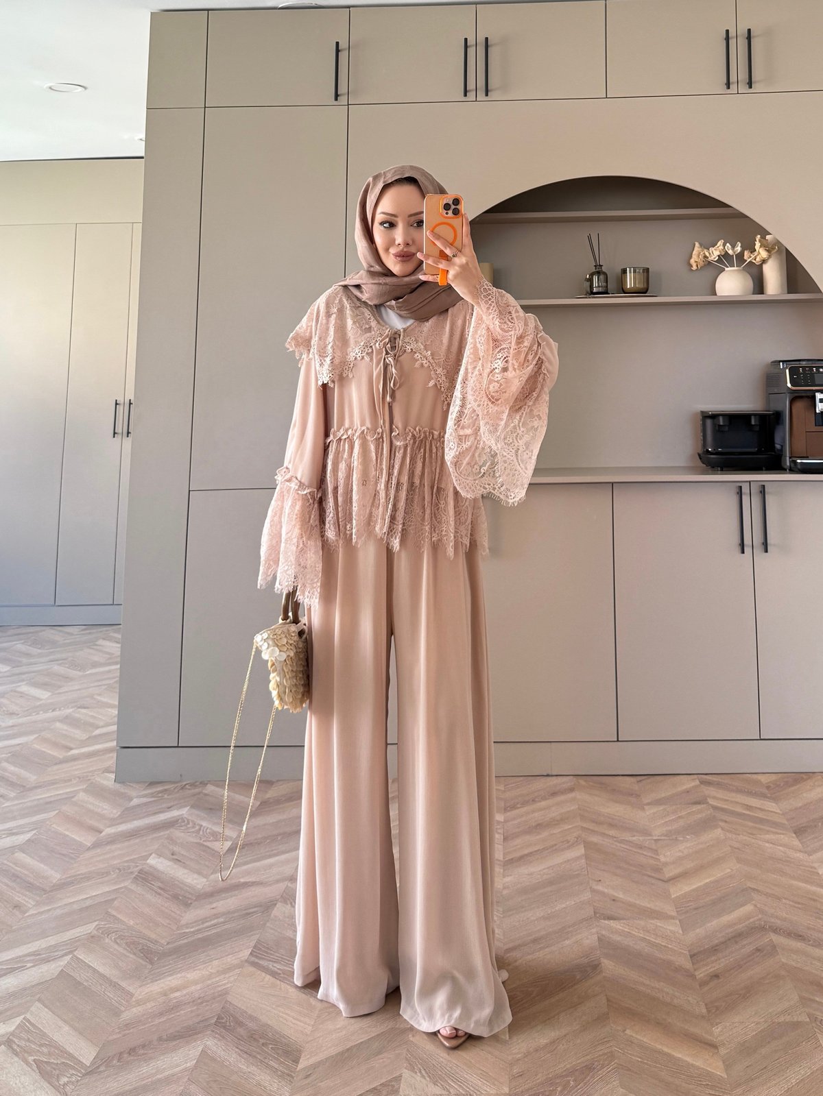 Belinay Şifon Pantolon Takım Bej (5784)