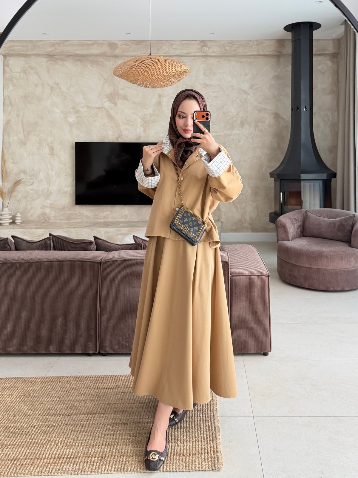 Breza Kare Detaylı Etekli Takım Camel (4600)
