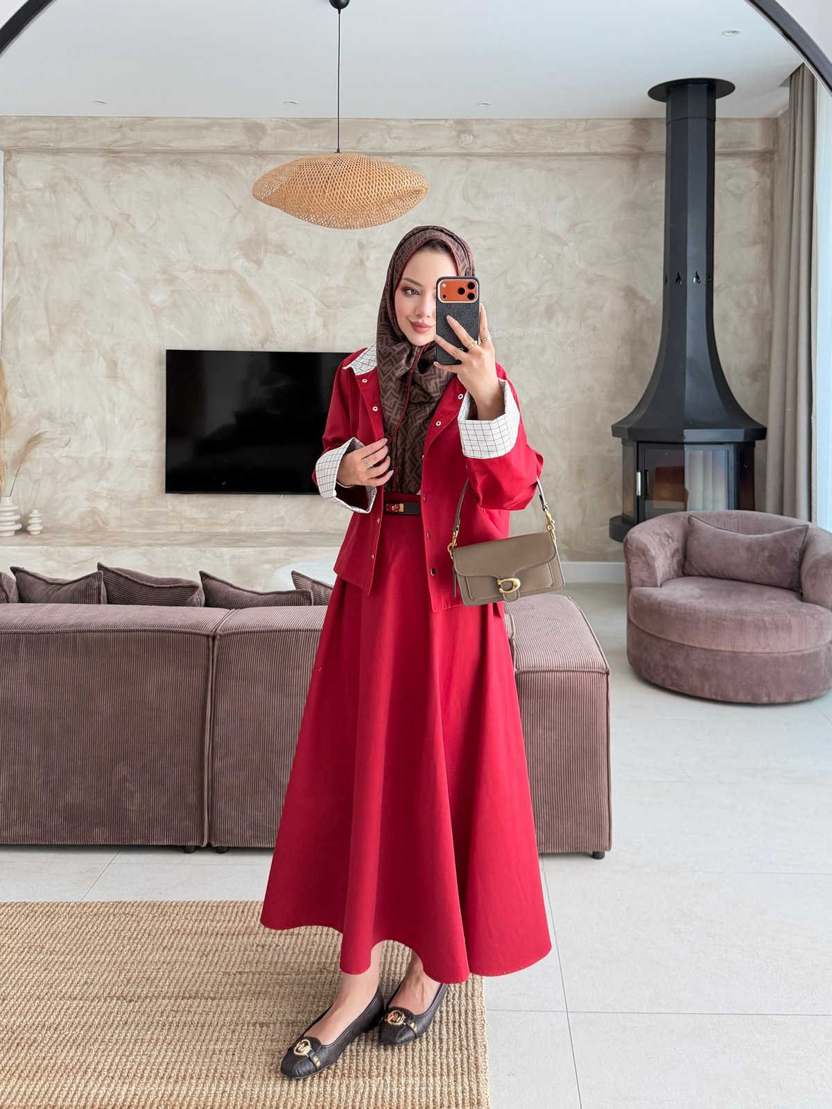 Breza Kare Detaylı Etekli Takım Kırmızı (4600)