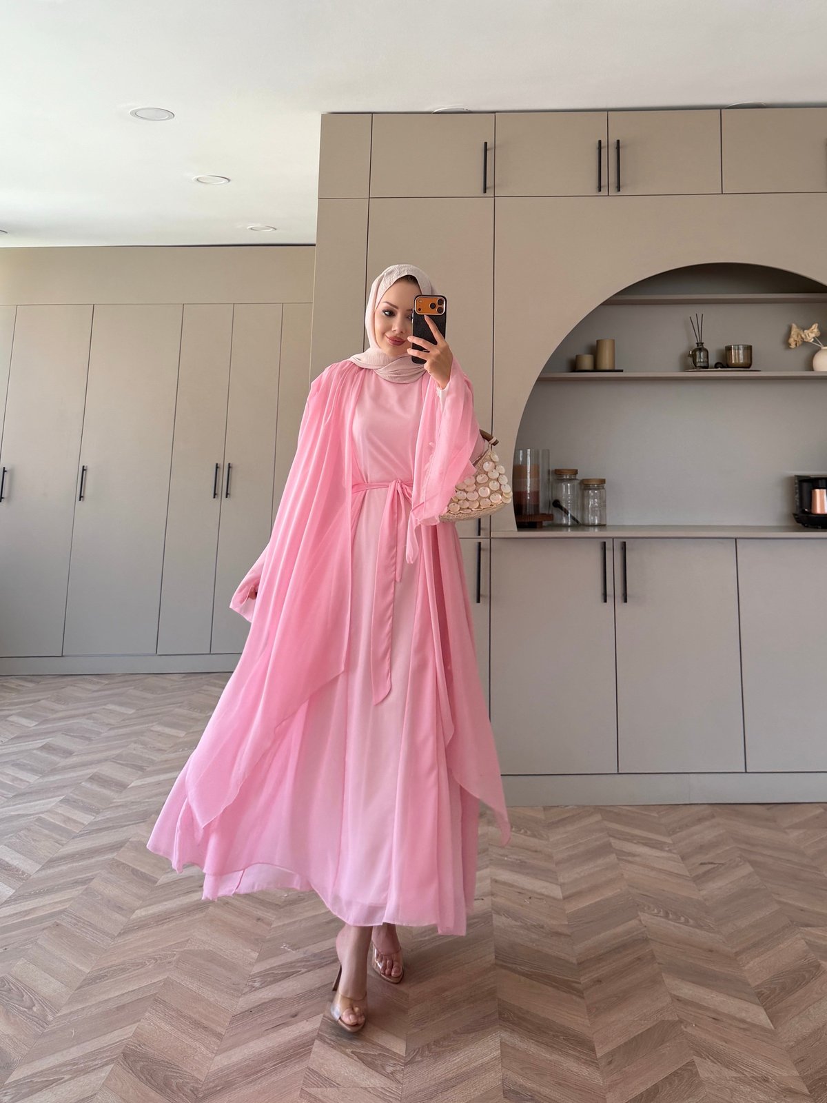 Brianna Pelerinli Şifon Elbise Pembe (2002)