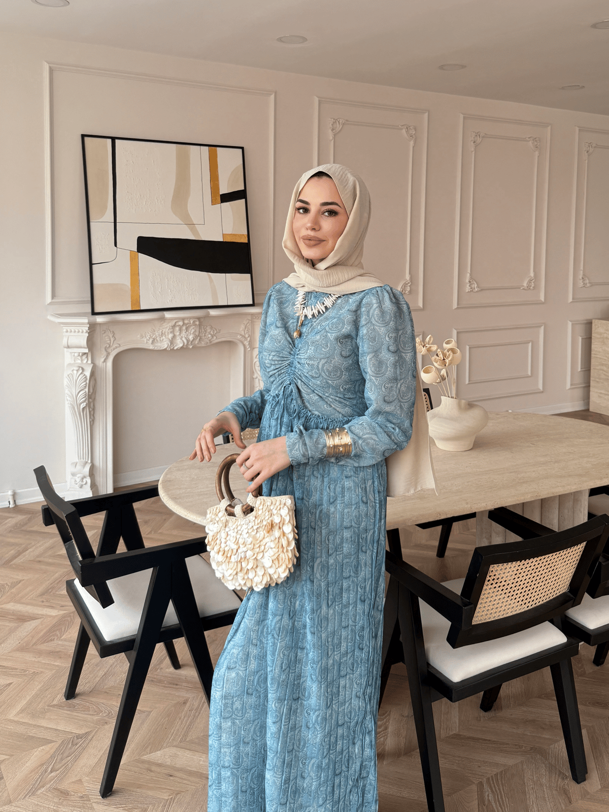 Bubble Desenli Şifon Elbise Mavi (546)