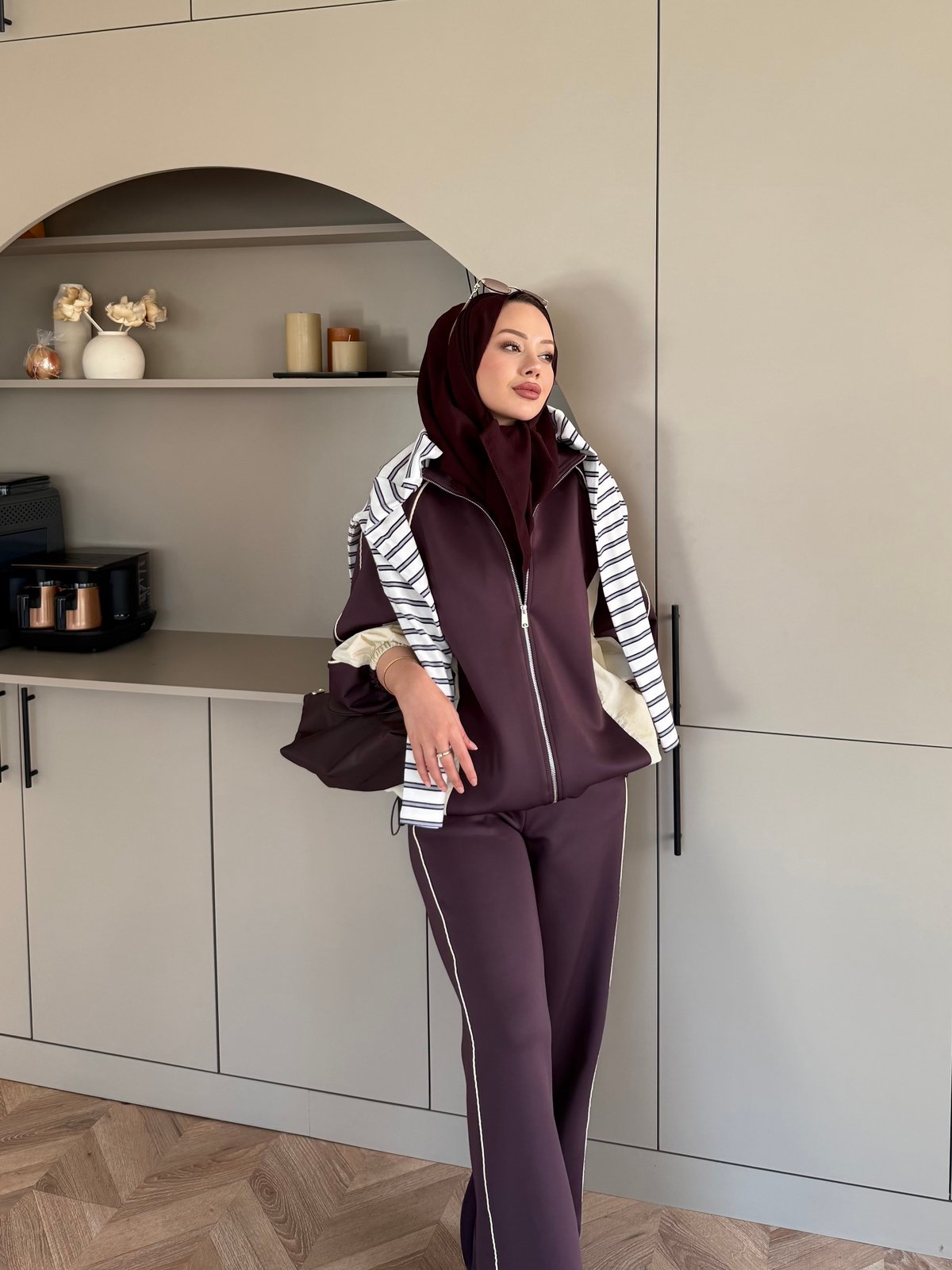 Carlot Fermuarlı Scuba Pantolonlu Takım Mürdüm (4581)