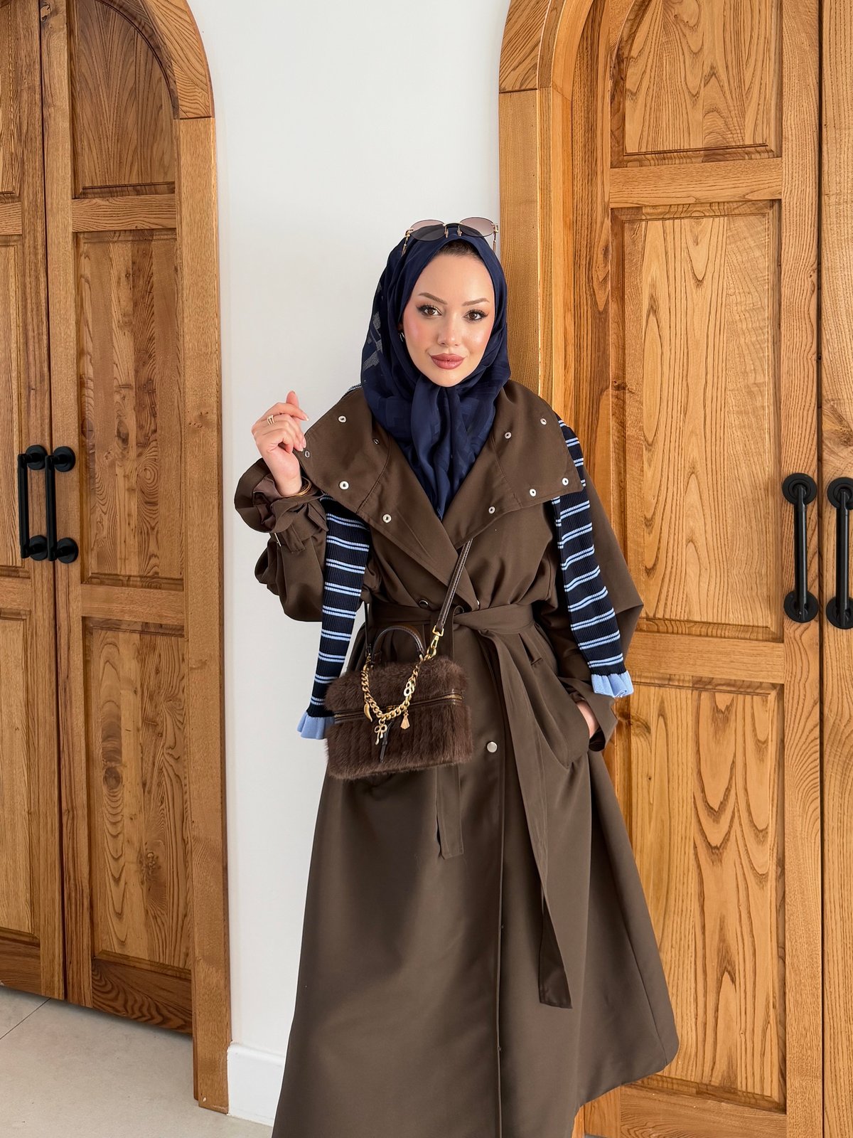 Çıtçıtlı Dik Yaka Trenç Kahve (4595)