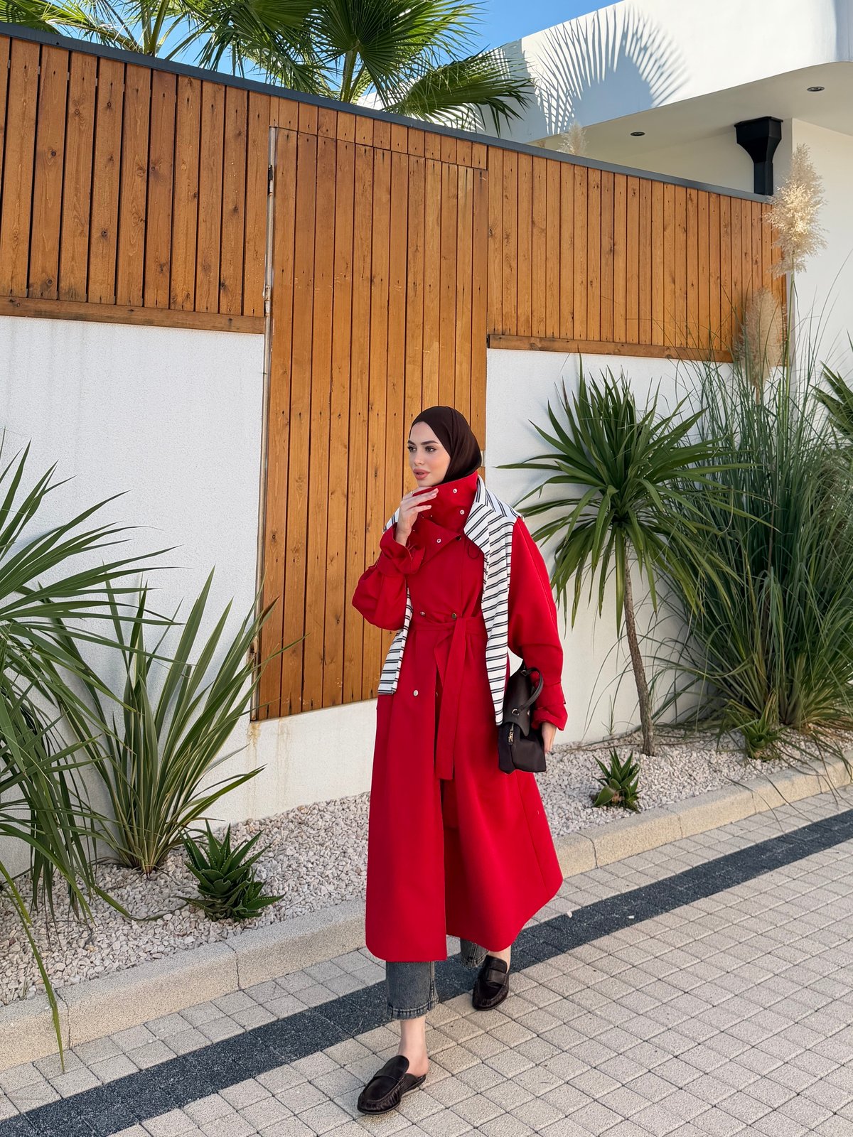 Dik Yaka Çıtçıtlı Trenç Kırmızı (4595)