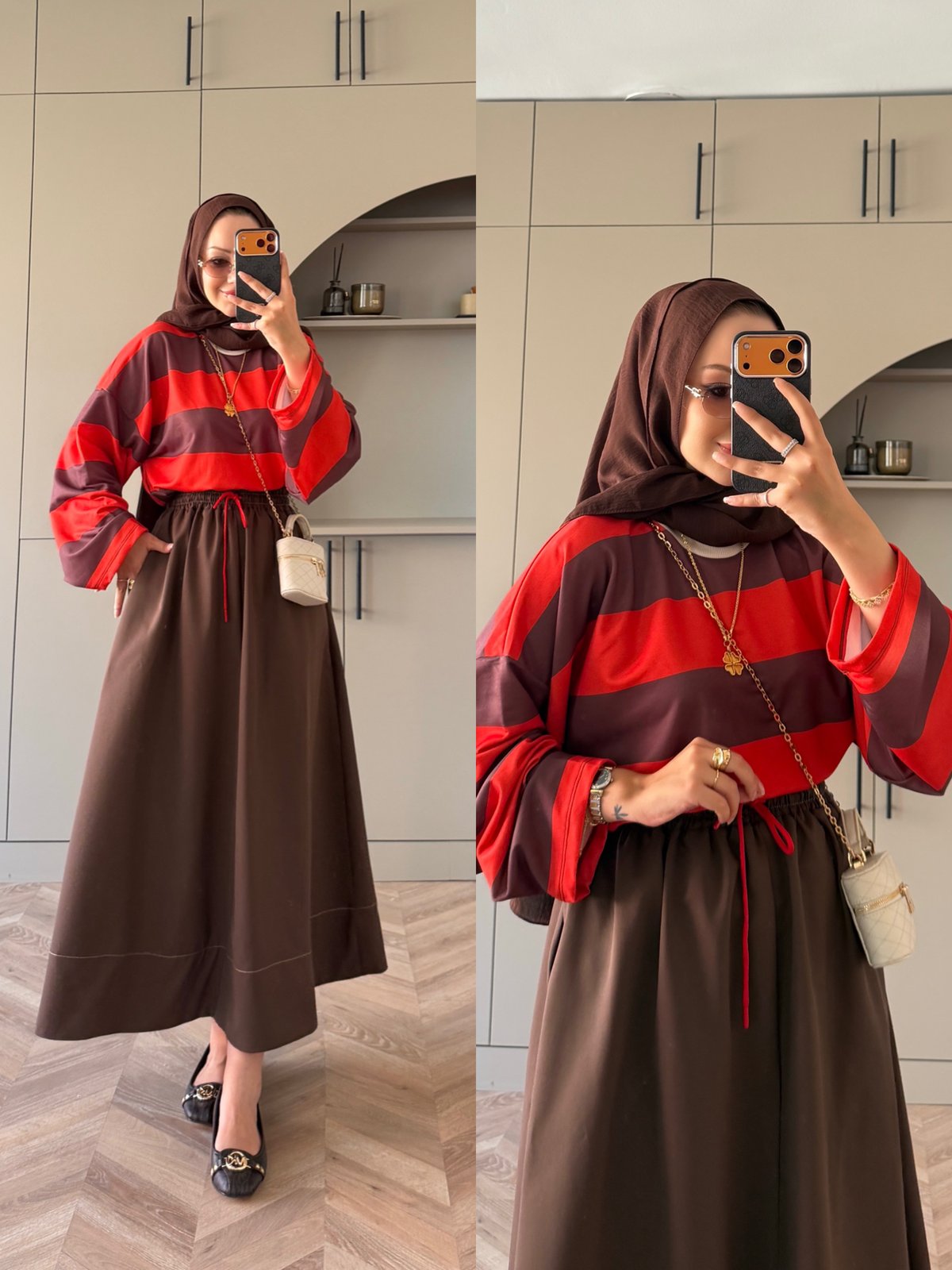 Comfy Renkli Bağcıklı Etek Kahve (7014)