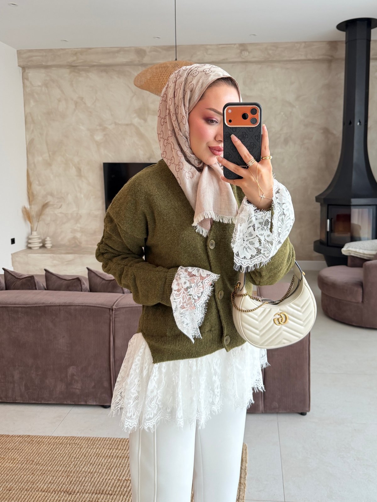 Dantel Detaylı V Yaka Hırka Haki