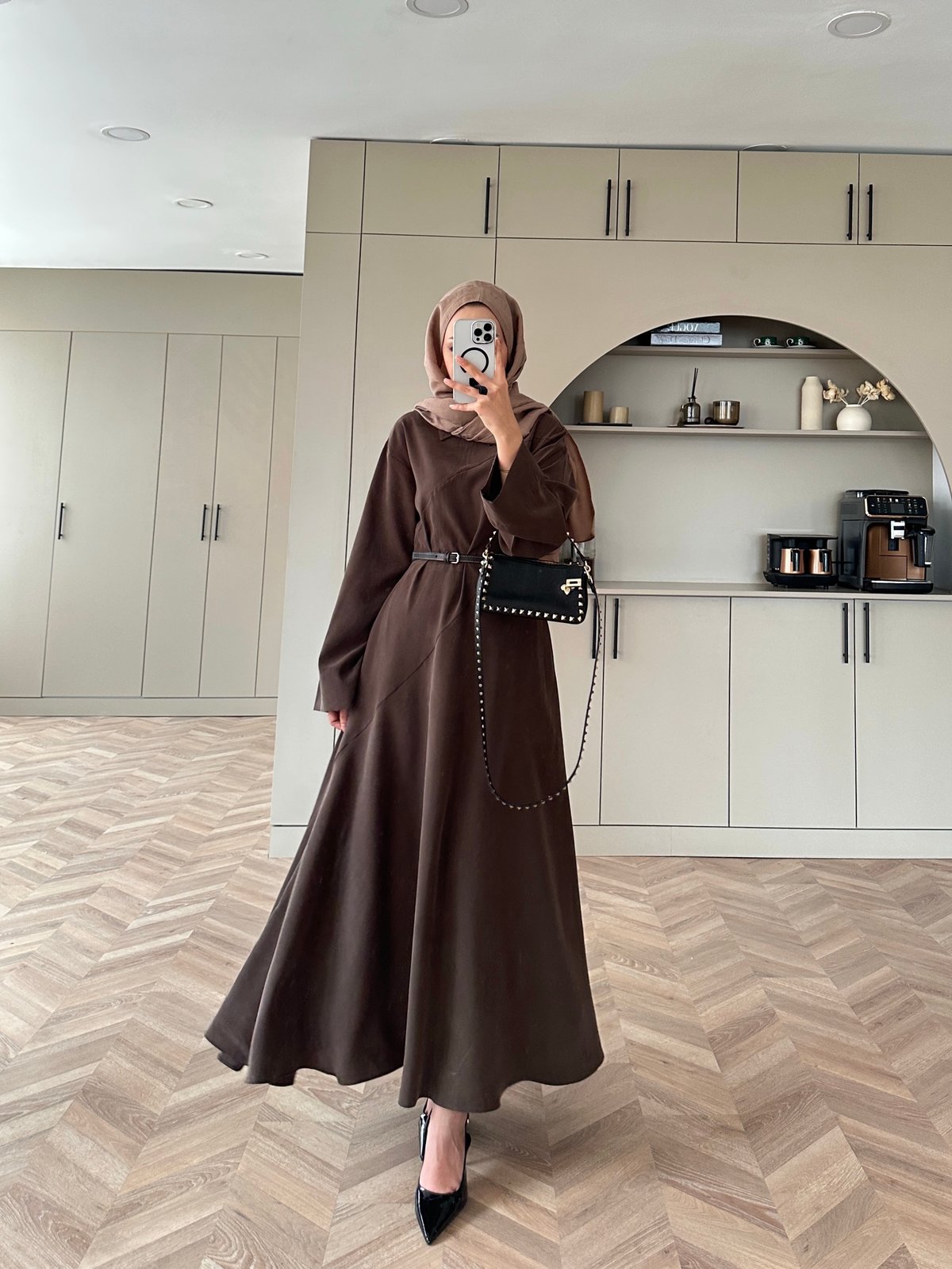 Davina Kemerli Modal Elbise Acı Kahve (648)