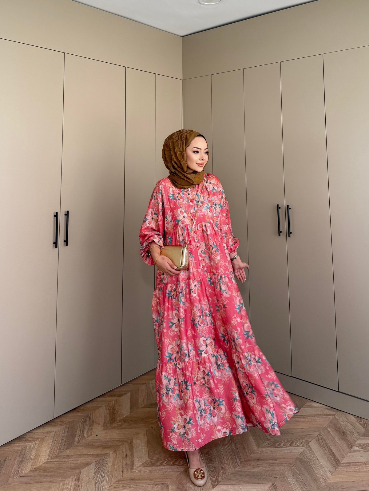 Defne Pamuk Vual Elbise Pembe