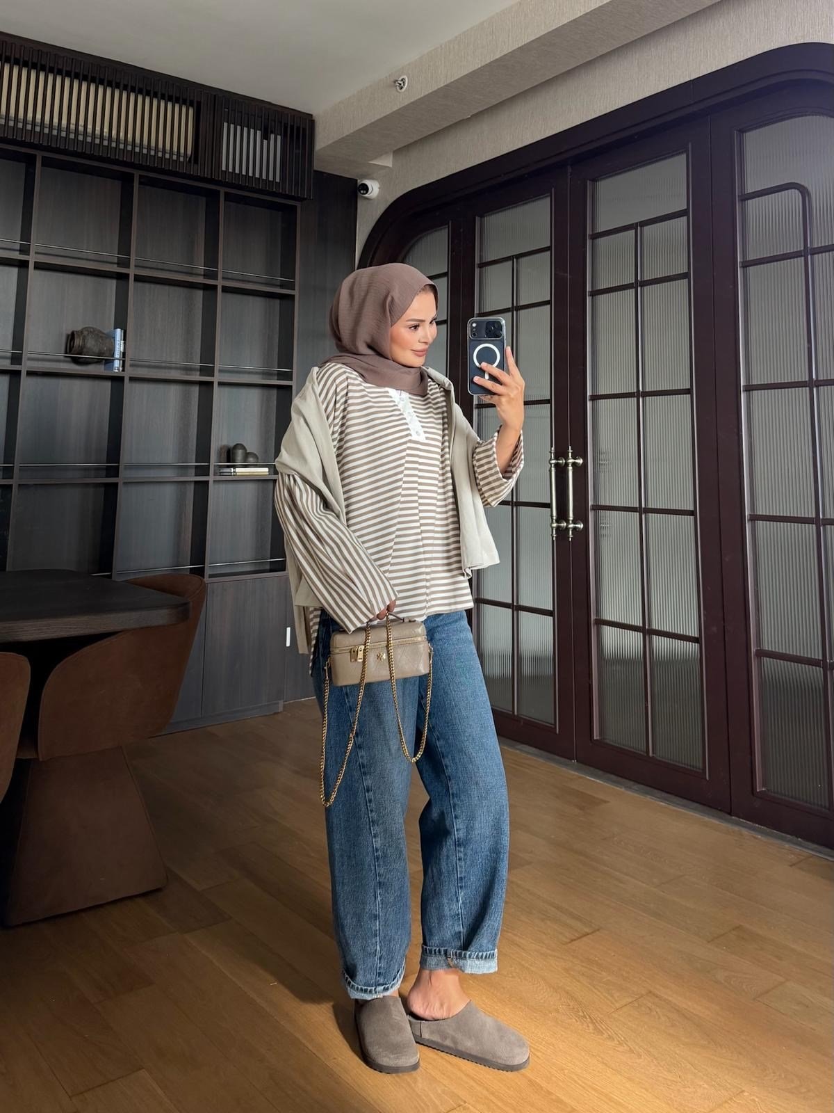 Dinas Çizgili Pamuklu Body Bej (7039)