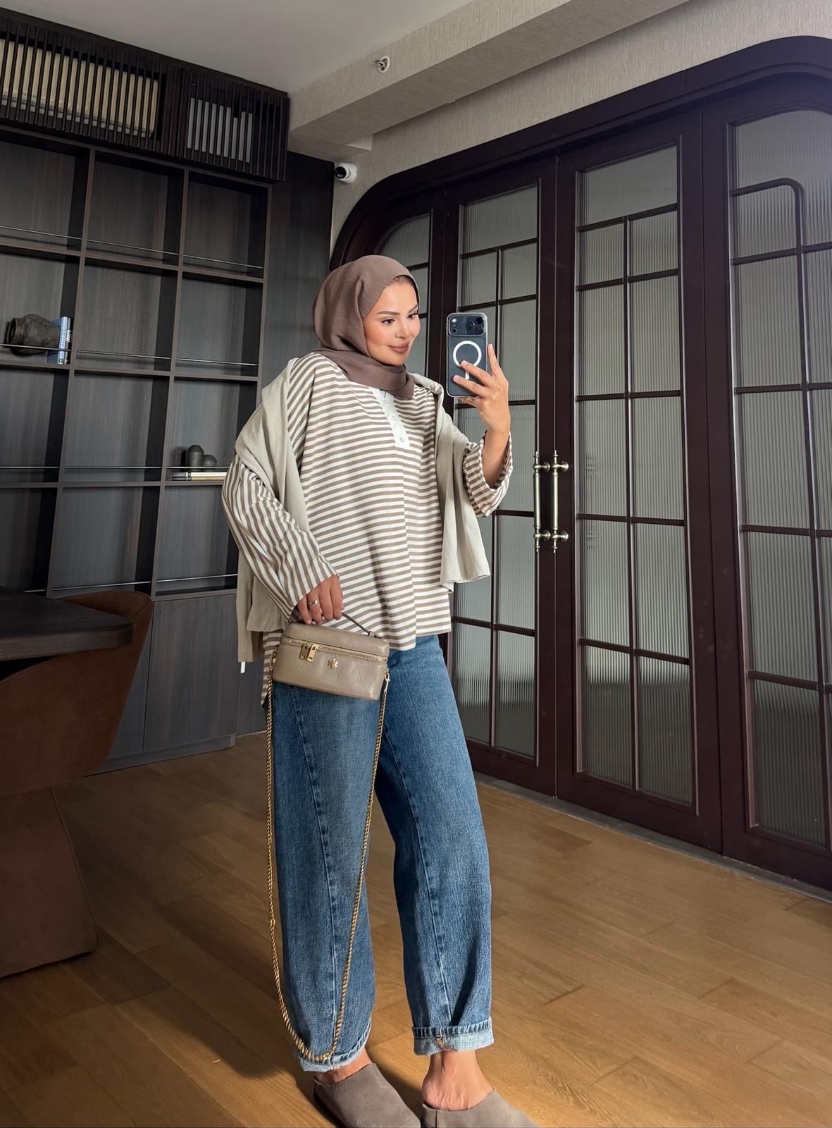 Dinas Çizgili Pamuklu Body Bej (7039)