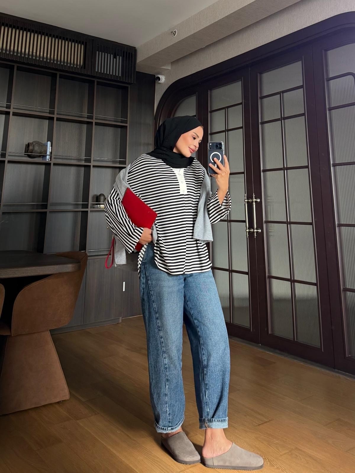 Dinas Çizgili Pamuklu Body Siyah (7039)