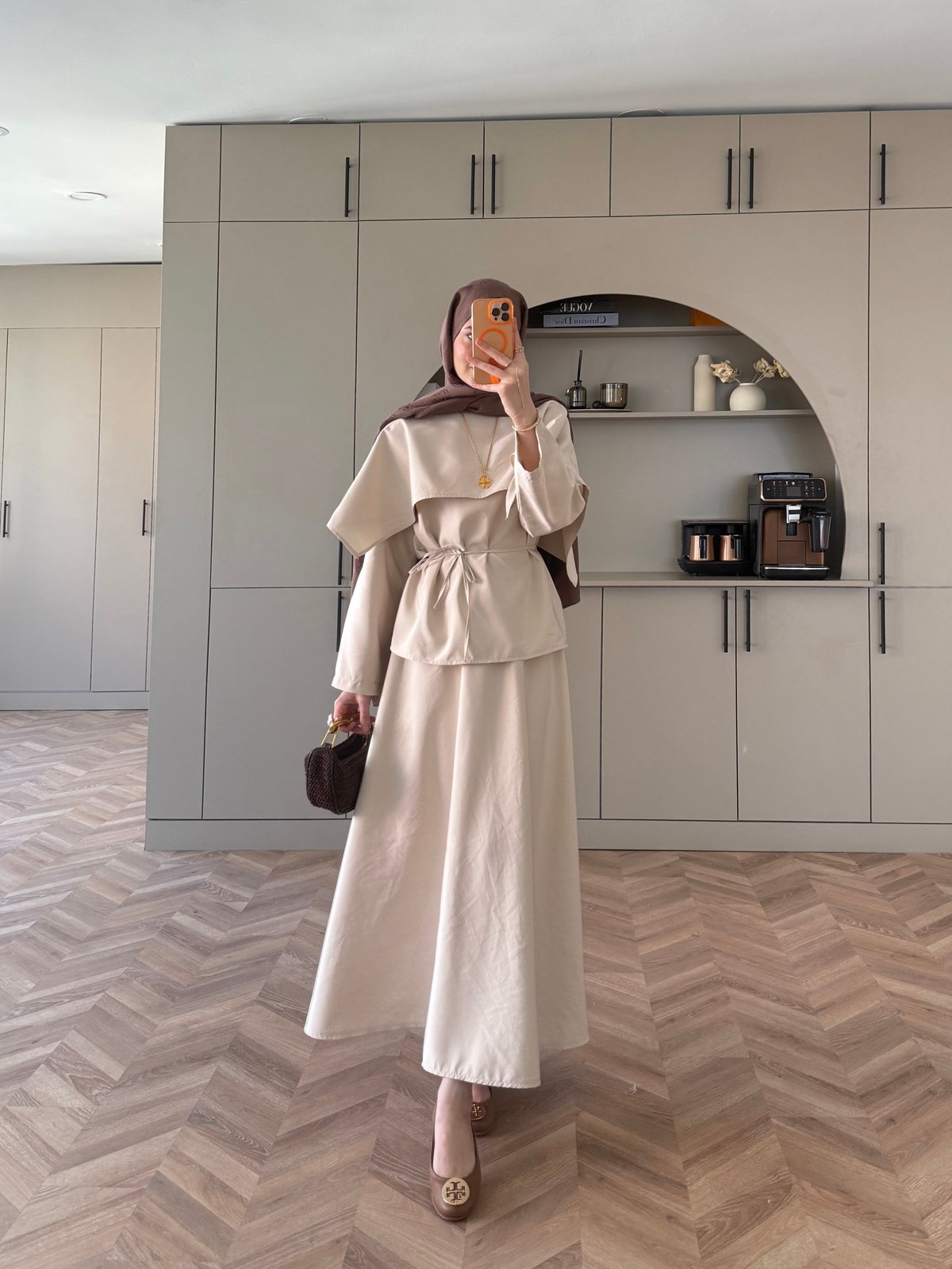 Elegant Pelerinli Etekli Takım Ekru (4454)