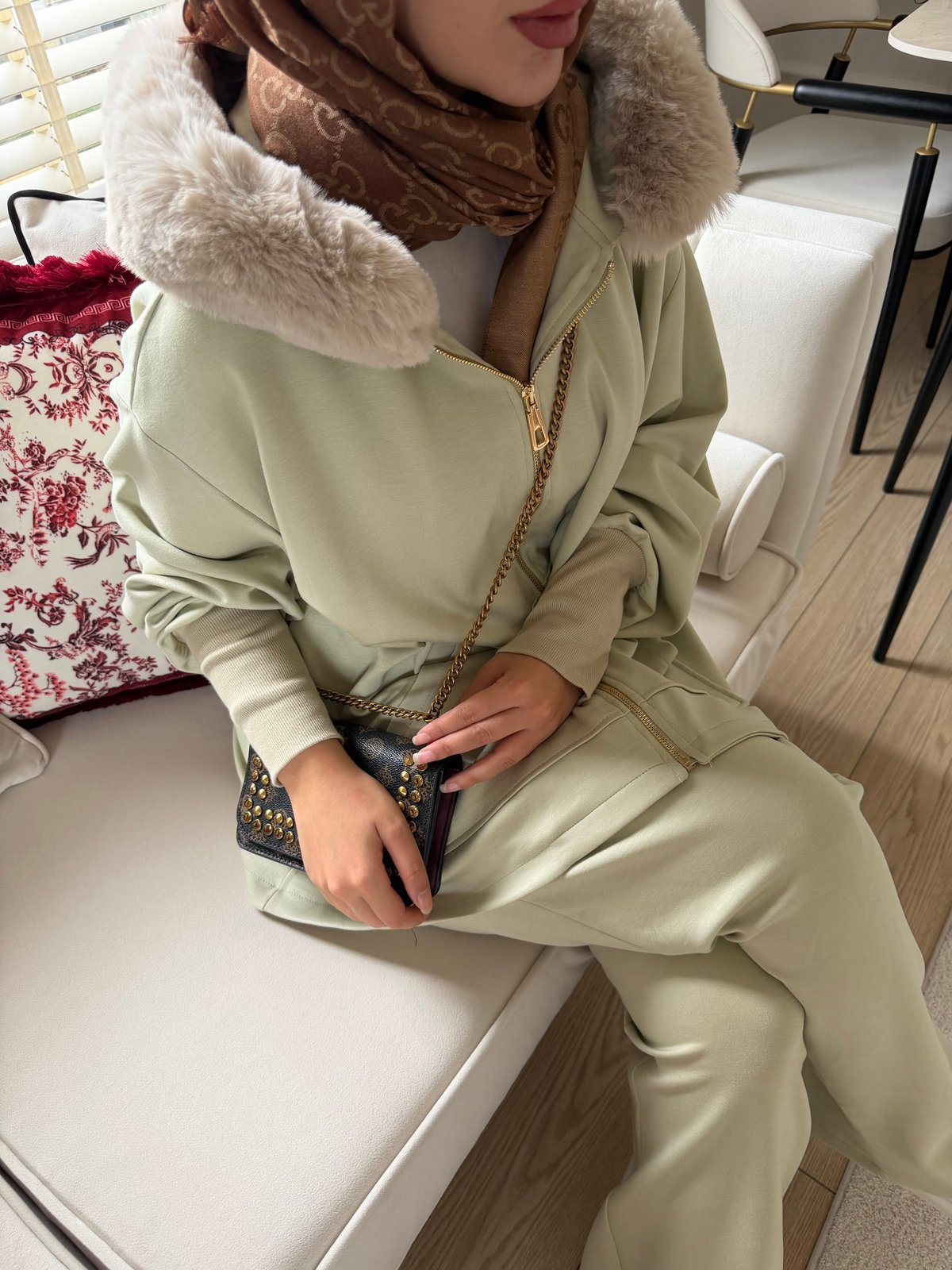 Ella Kürk Yaka Detaylı Pantolonlu Takım Çağla Yeşili (8078)