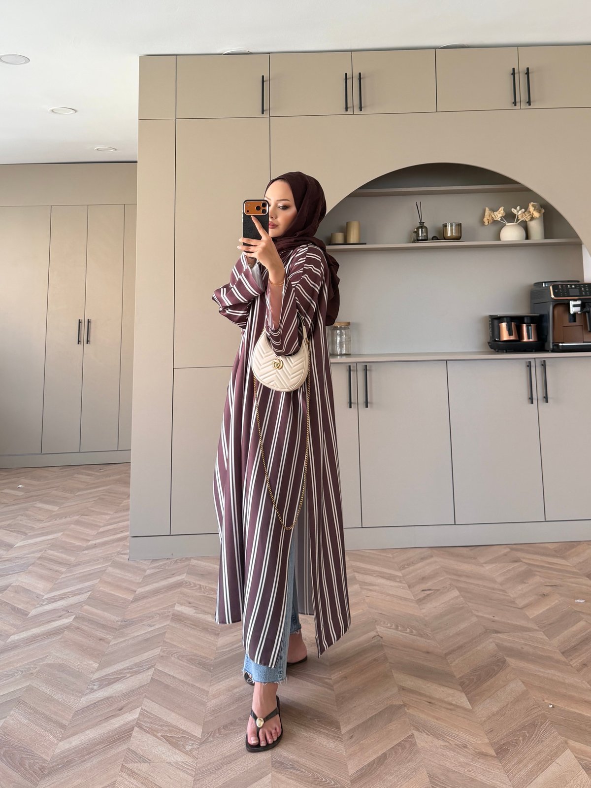 Ely Çizgili Saten Yırtmaçlı Bluz Kahve (4536)