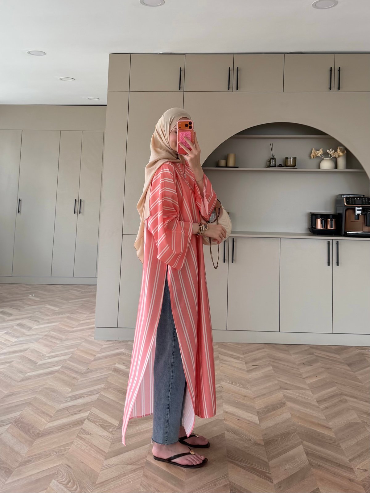 Ely Çizgili Saten Yırtmaçlı Bluz  Pembe (4536)