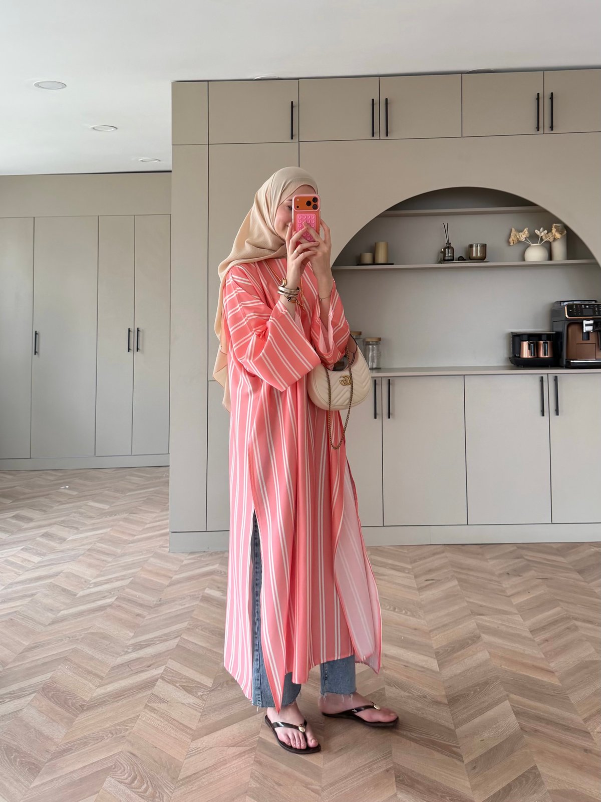 Ely Çizgili Saten Yırtmaçlı Bluz  Pembe (4536)