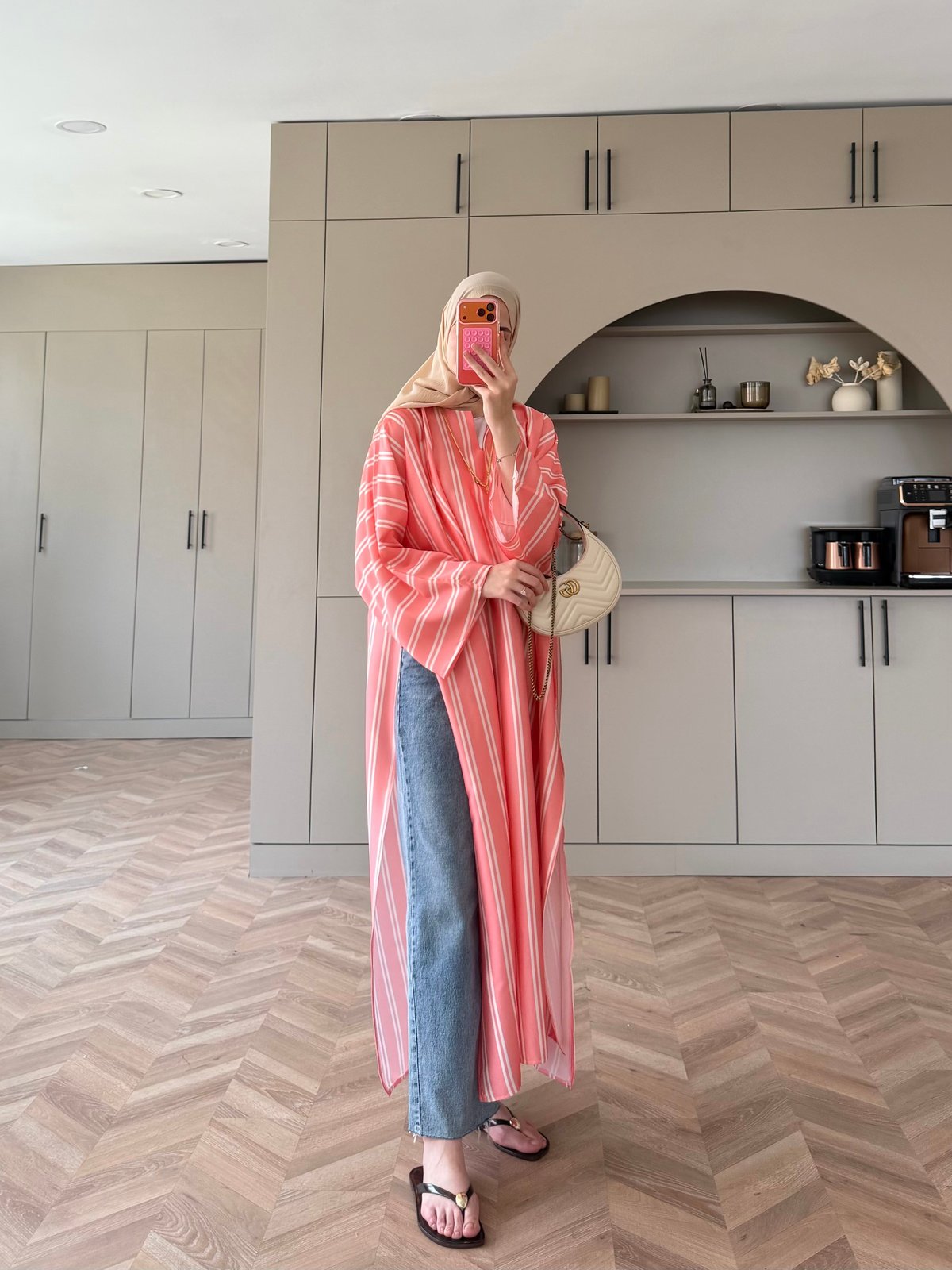 Ely Çizgili Saten Yırtmaçlı Bluz  Pembe (4536)