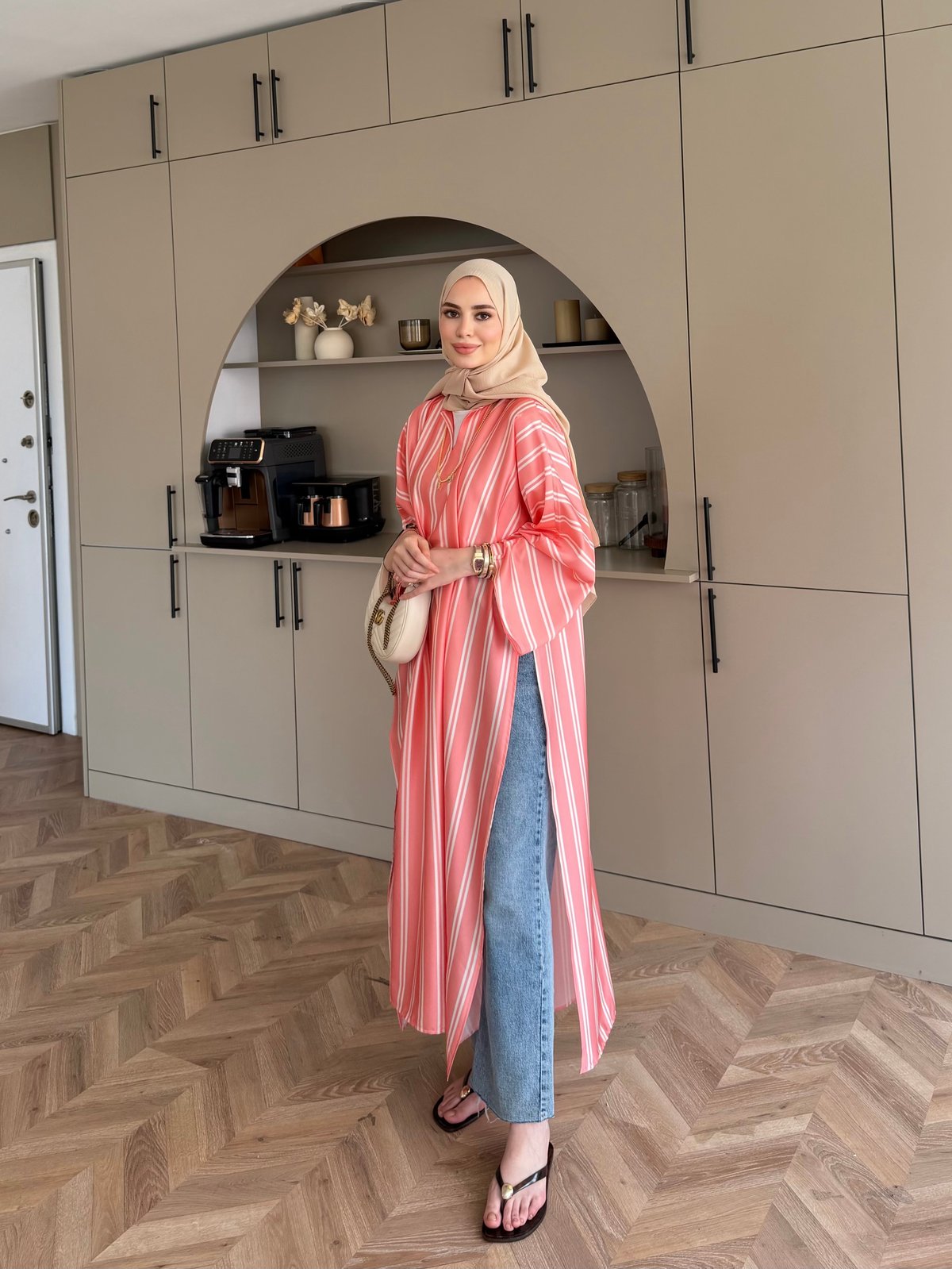 Ely Çizgili Saten Yırtmaçlı Bluz  Pembe (4536)
