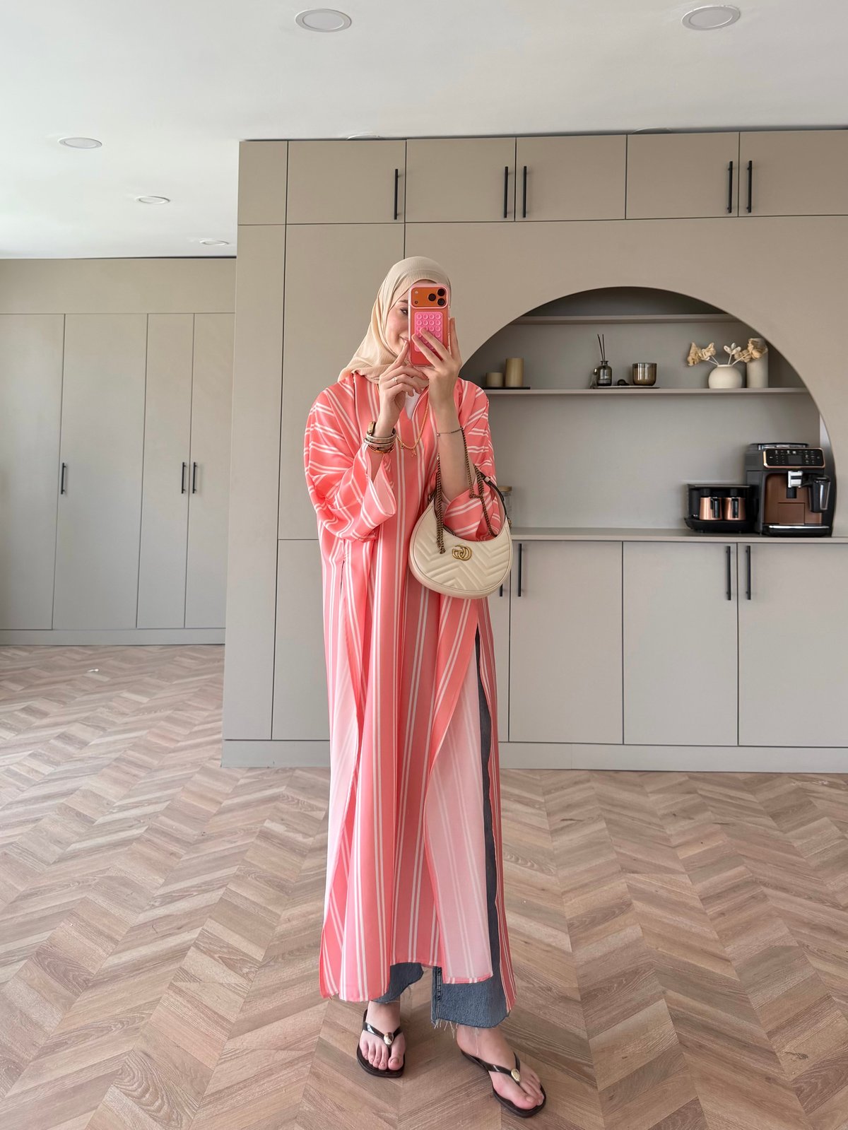 Ely Çizgili Saten Yırtmaçlı Bluz  Somon (4536)