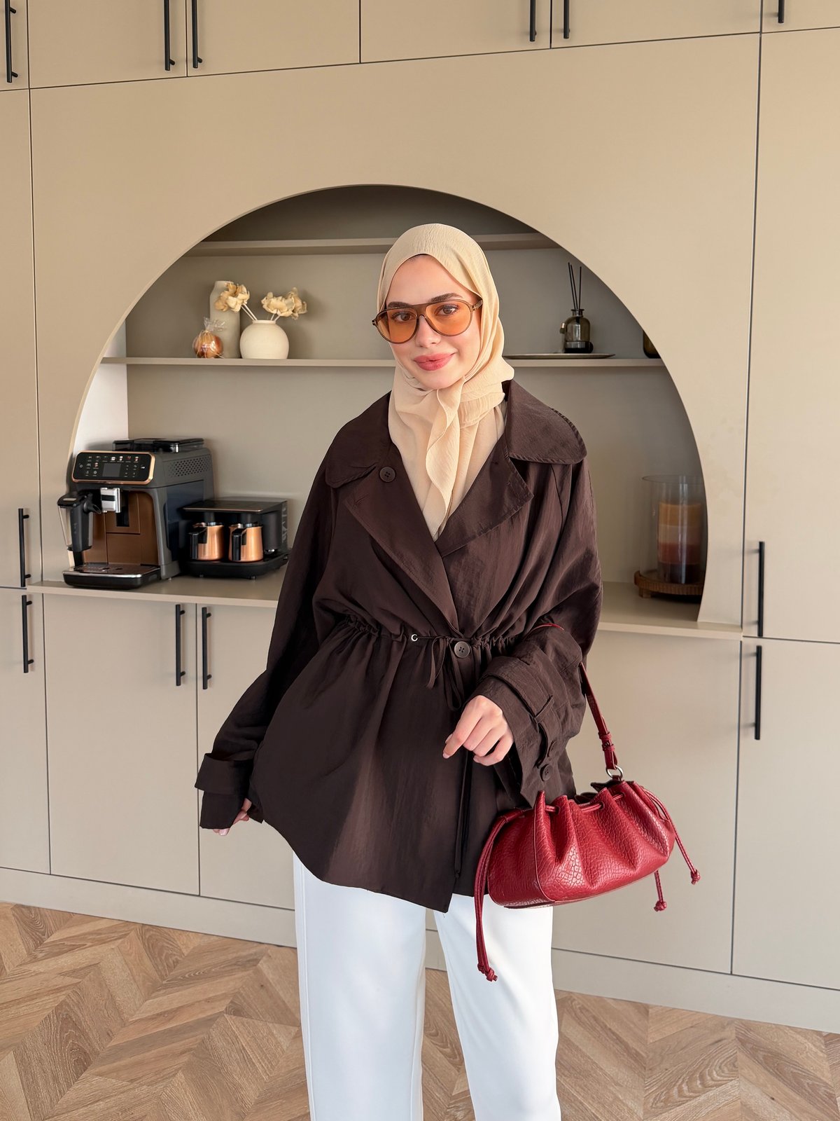Encore Beli Büzgülü Trenç Acı Kahve (4574)