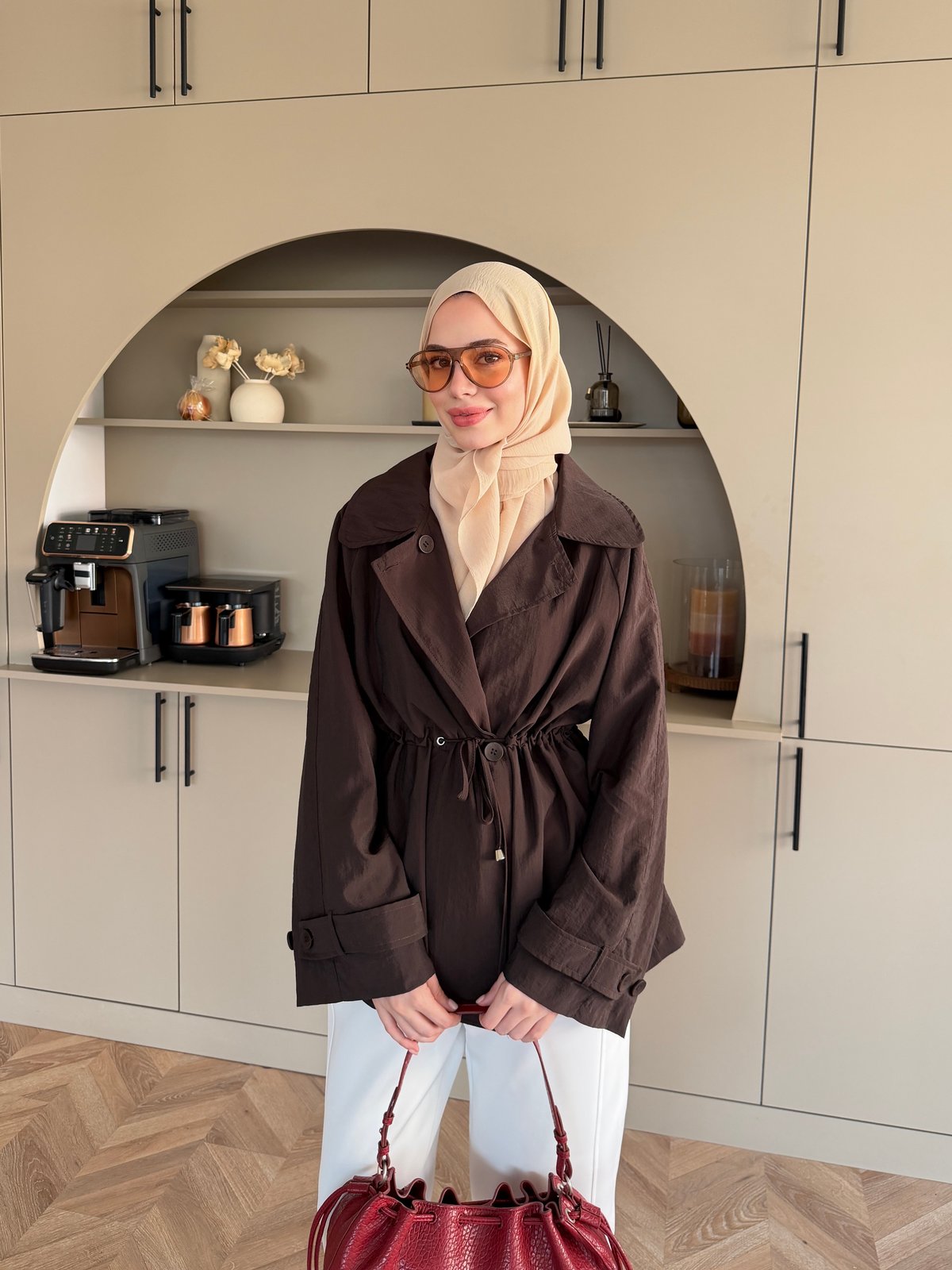 Encore Beli Büzgülü Trenç Acı Kahve (4574)