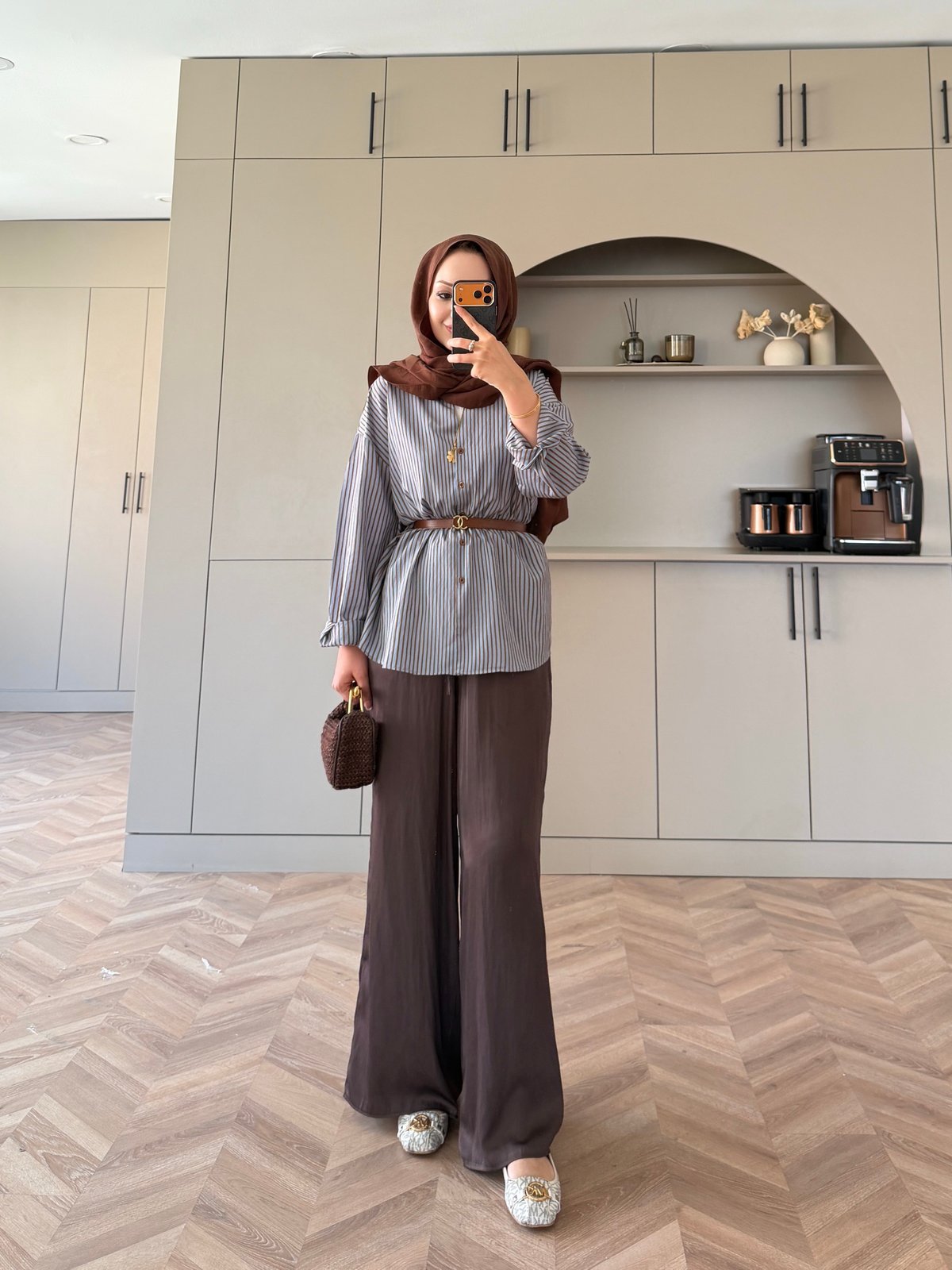 Era Çizgili Oversize Gömlek Kahve (5475)