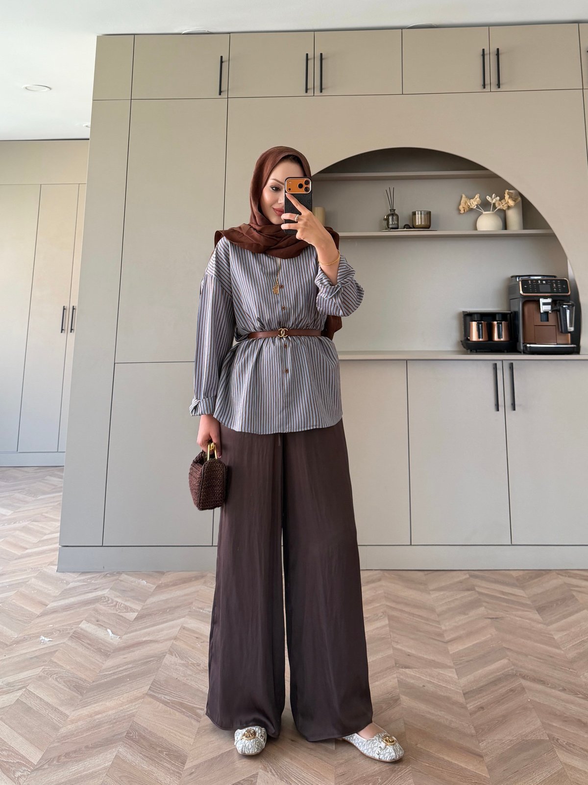 Era Çizgili Oversize Gömlek Kahve (5475)