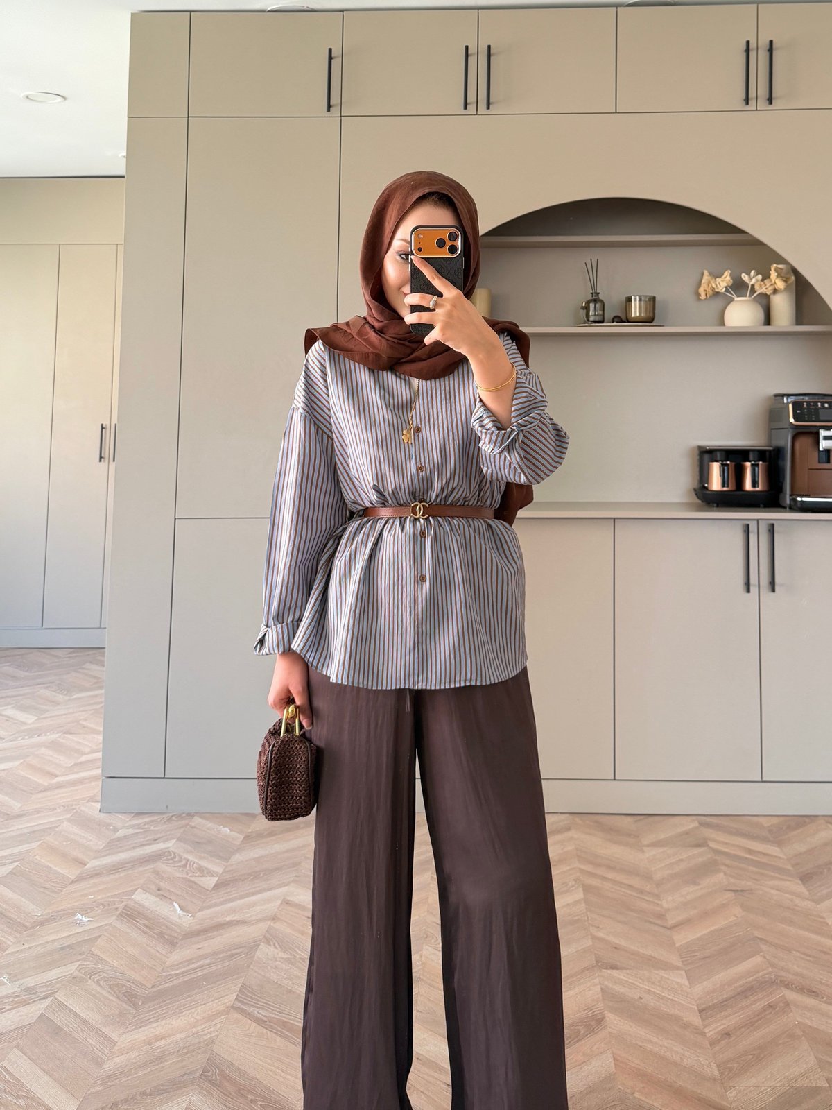 Era Çizgili Oversize Gömlek Kahve (5475)